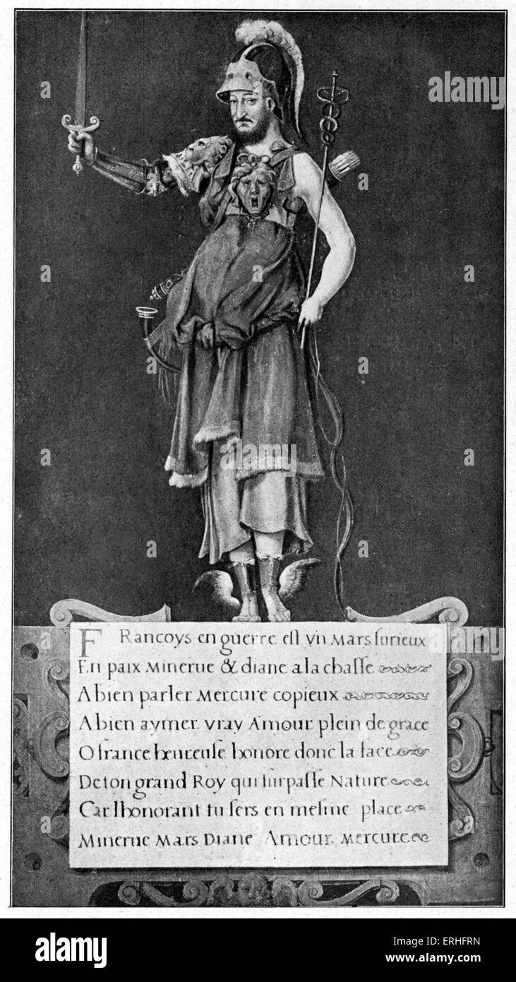 Francois I, patrono delle arti e delle lettere. Stampa rinascimentale glorificando il re e invocando la divinità romane Marte, Minerva, Foto Stock