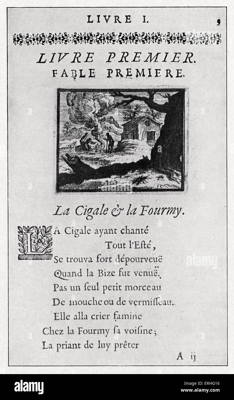 Fables de La Fontaine' pagina dal 1668 edizione, volume 1 di 6. La prima pagina di 'La Cigale et la Fourmy'. Da Jean de La Fontaine, illustrazioni di Chaveau. 8 Luglio 1621 - 13 aprile 1695. Poeta francese e fabulist, frequentato da Nicolas Fouquet. Eletto alla Académie Française 1683. Bibliothèque Nationale. Foto Stock