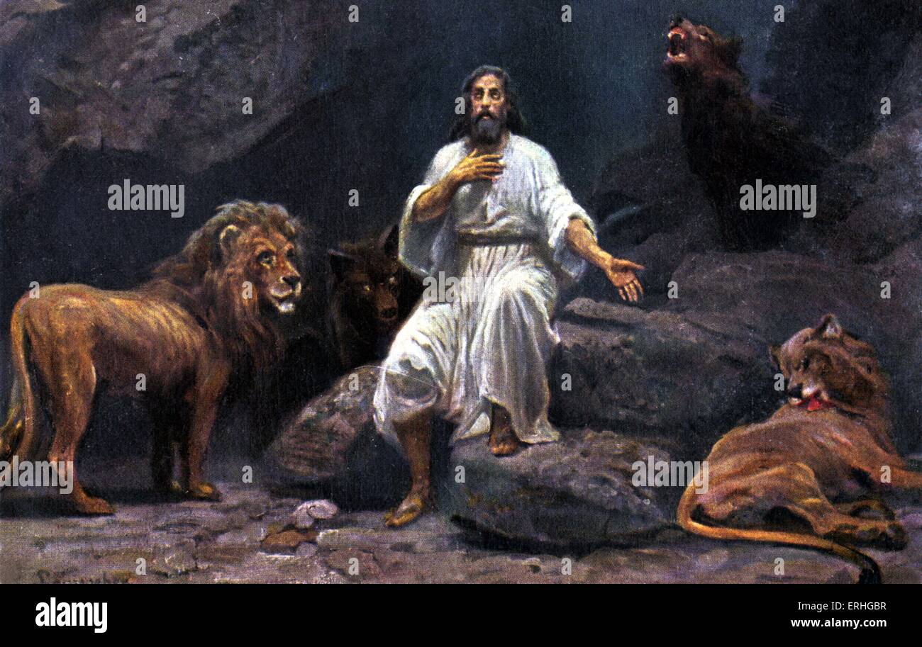 Daniel in the Lion 's Den - pittura della scena dalla Bibbia in Daniel, capitolo 6 versetti 16-23. tempo di Nabucodonosor. Foto Stock