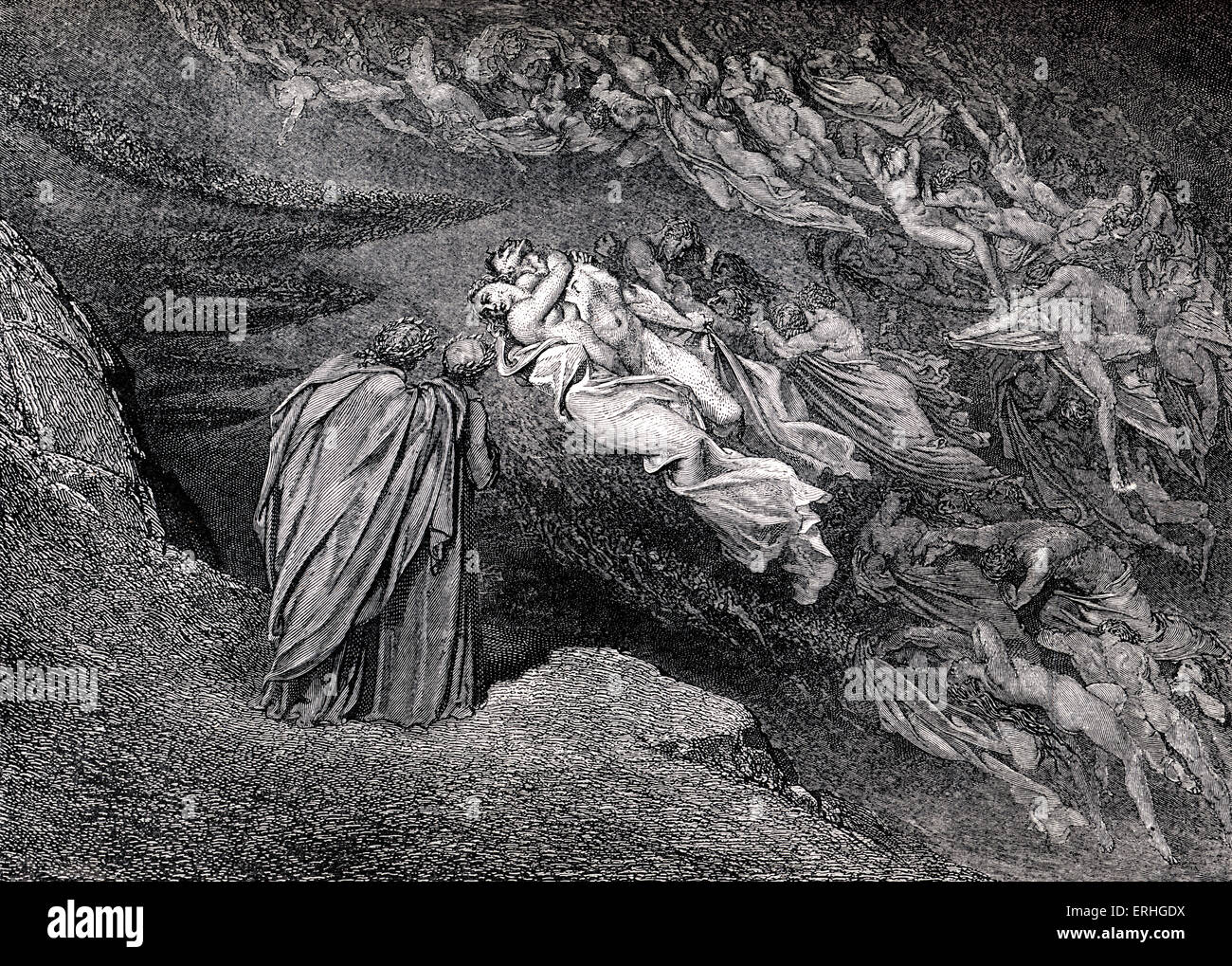 Dante Alighieri, La Divina Commedia, l'Inferno (Divina Commedia, Inferno) -  Canto V (5): illustrazione di Gustave Doré per linee Foto stock - Alamy