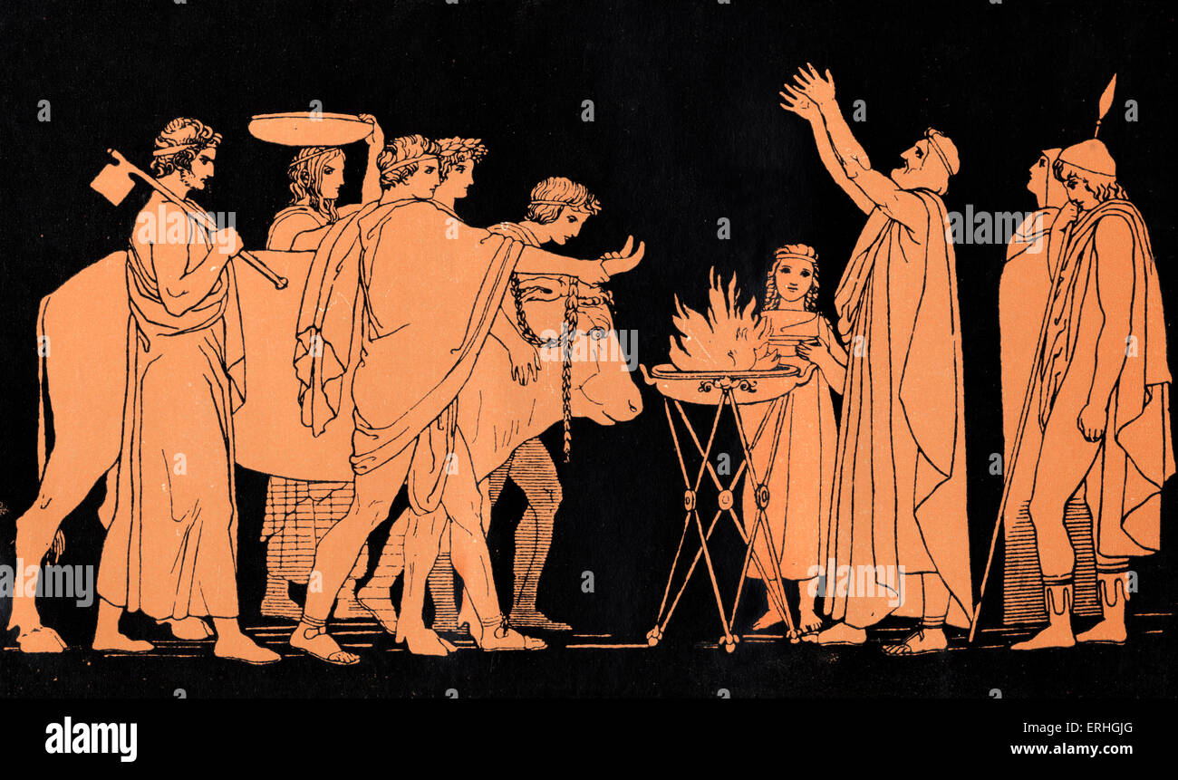 Omero, l'Odissea. Ulisse (Odysseus). Nestor, re di Pilos e un ex guerriero nella guerra di Troia, il sacrificio di tori a Foto Stock