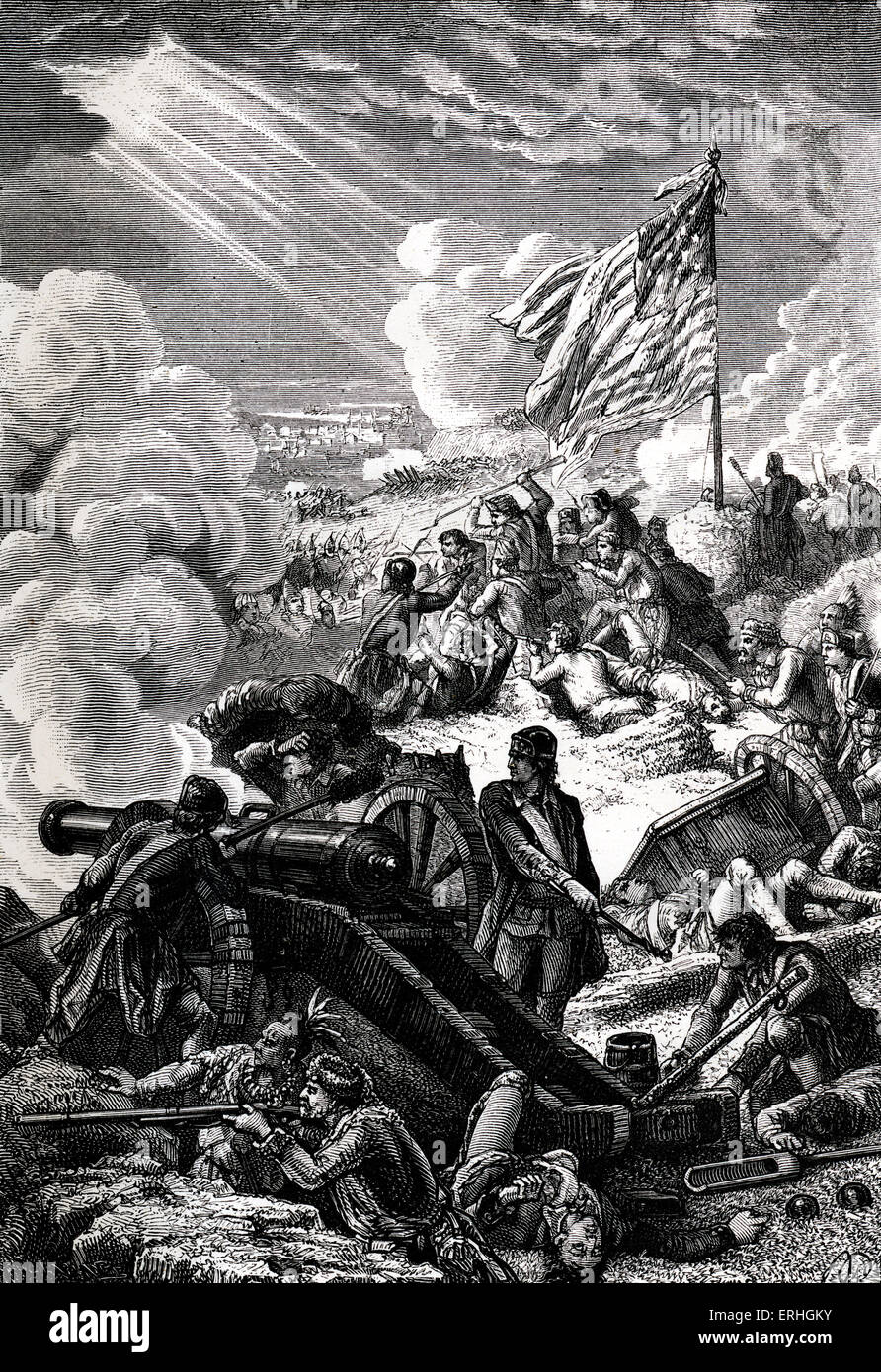 La battaglia di Bunker Hill - illustrazione di una battaglia della guerra rivoluzionaria americana tra gli Stati Uniti e la Gran Bretagna in cui la Foto Stock