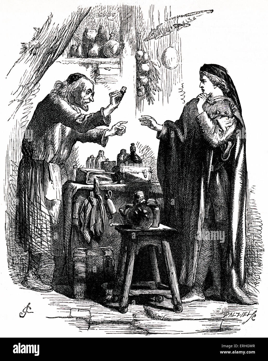 William Shakespeare 's play Romeo e Giulietta . Atto V scena I . Incisione di scena. Romeo con speziale acquisto di veleno. Foto Stock