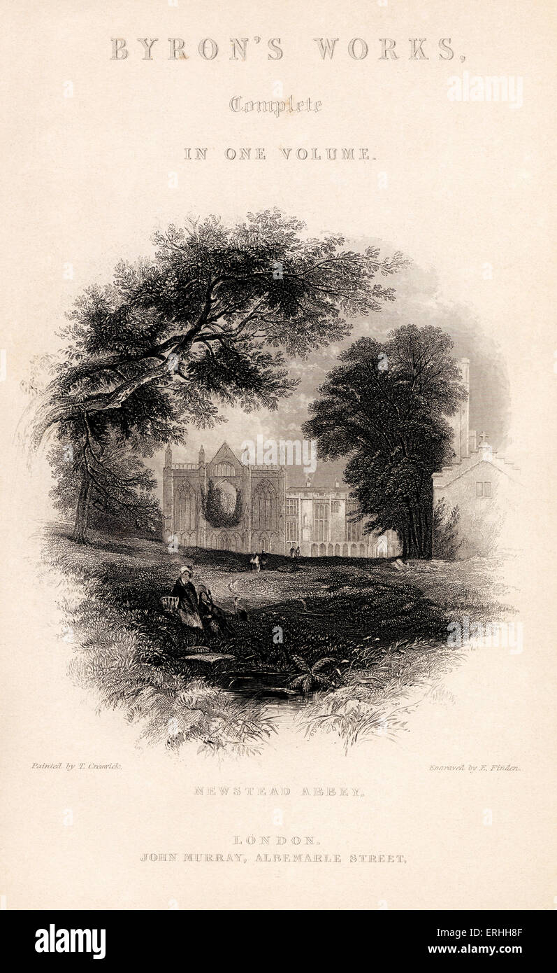 Lord Byron - Pagina del titolo di "Byron, le opere complete in un volume con un'illustrazione di Newstead Abbey , il poeta inglese 's Foto Stock