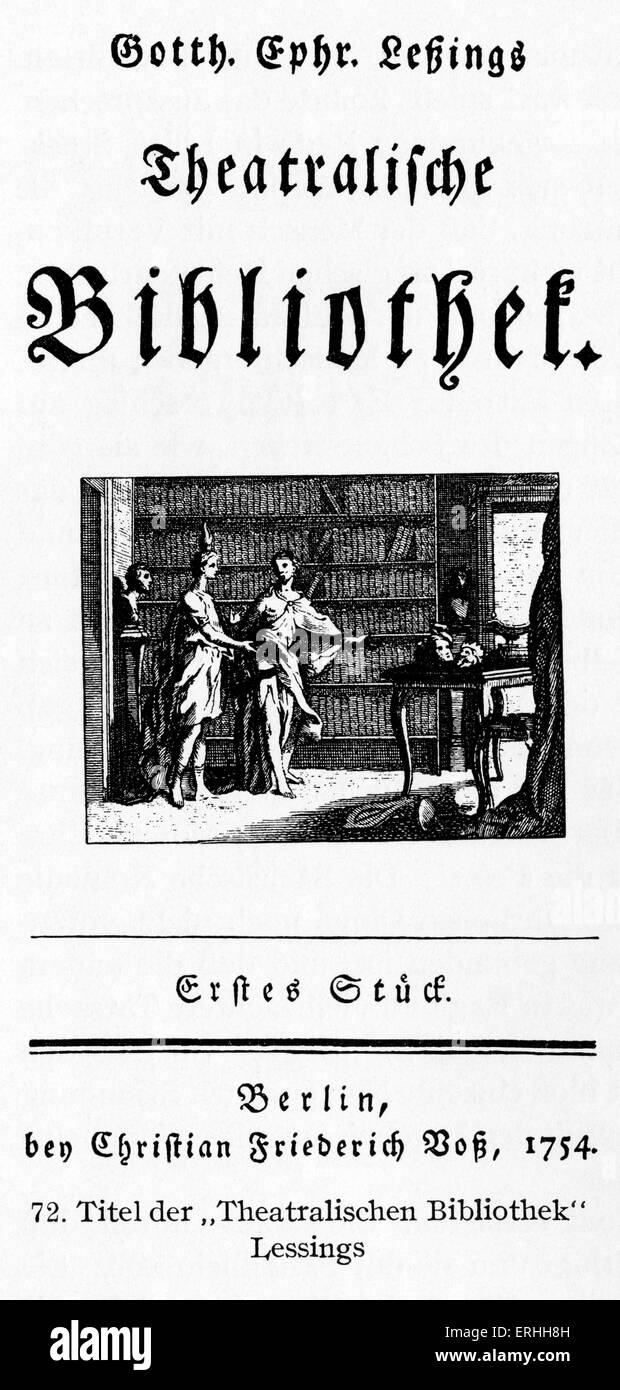 Pagina del titolo della rivista tedesca "Theatralische Bibliothek' , 1754. Modificato da 1754 a 1758 da Gotthold Ephraim Lessing (tedesco critico e drammaturgo , 22 gennaio 1729 - 15 febbraio 1781). Foto Stock