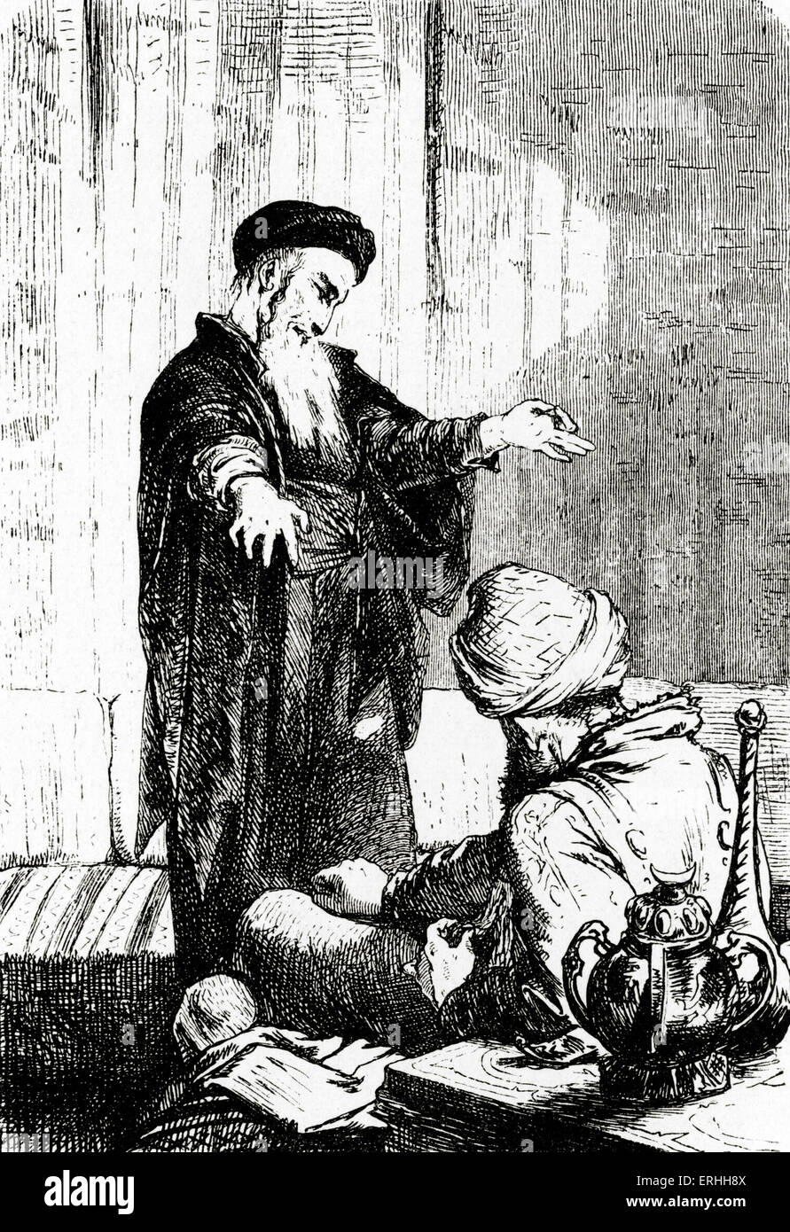 Gotthold Ephraim Lessing - illustrazione di una scena dalla play Nathan il saggio . Il tedesco critico e drammaturgo, 22 Gennaio 1729 - 15 febbraio 1781. Illustrazione di Gabriel Max da un 1868 edizione di Berlino. Nathan Weisen dem Foto Stock