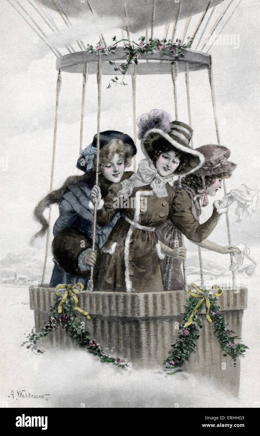Le donne in sella ad una mongolfiera, metà alla fine del XIX secolo. Dire addio con loro i fazzoletti bianchi. Indossano tuniche, cappelli e guanti. Nuova invenzione. Da A. Waldemar. Le tre ragazze divertendosi Foto Stock