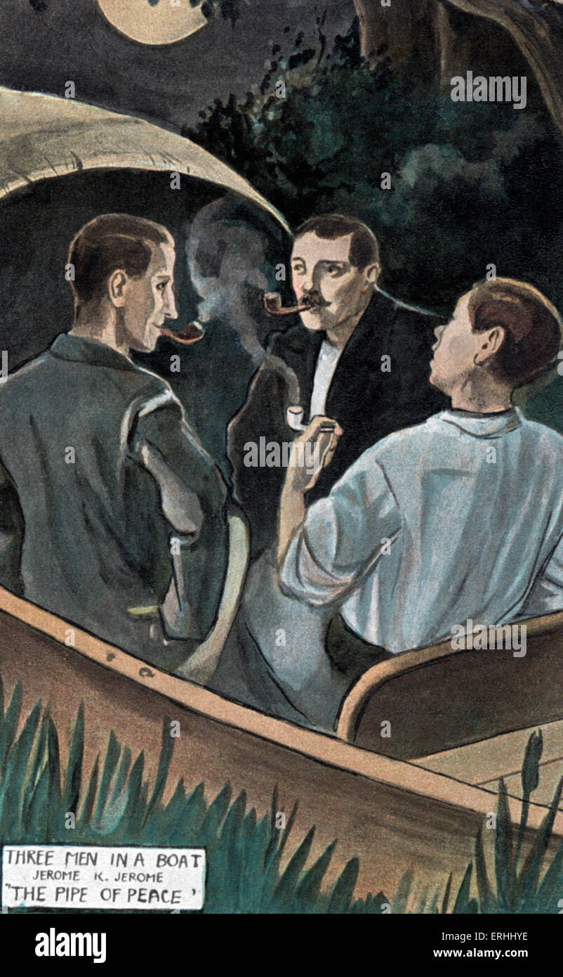 Jerome K (Klapka) Jerome 's "Tre Uomini in Barca" - i tre uomini godere del 'tubazione della pace'. Romanziere inglese e drammaturgo. 2 Maggio 1859 - 14 giugno 1927. Foto Stock