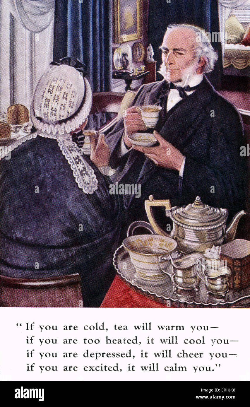William Ewart Gladstone - ritratto della British Partito Liberale più & Primo Ministro bere il tè con il suo elogio del tè Foto Stock