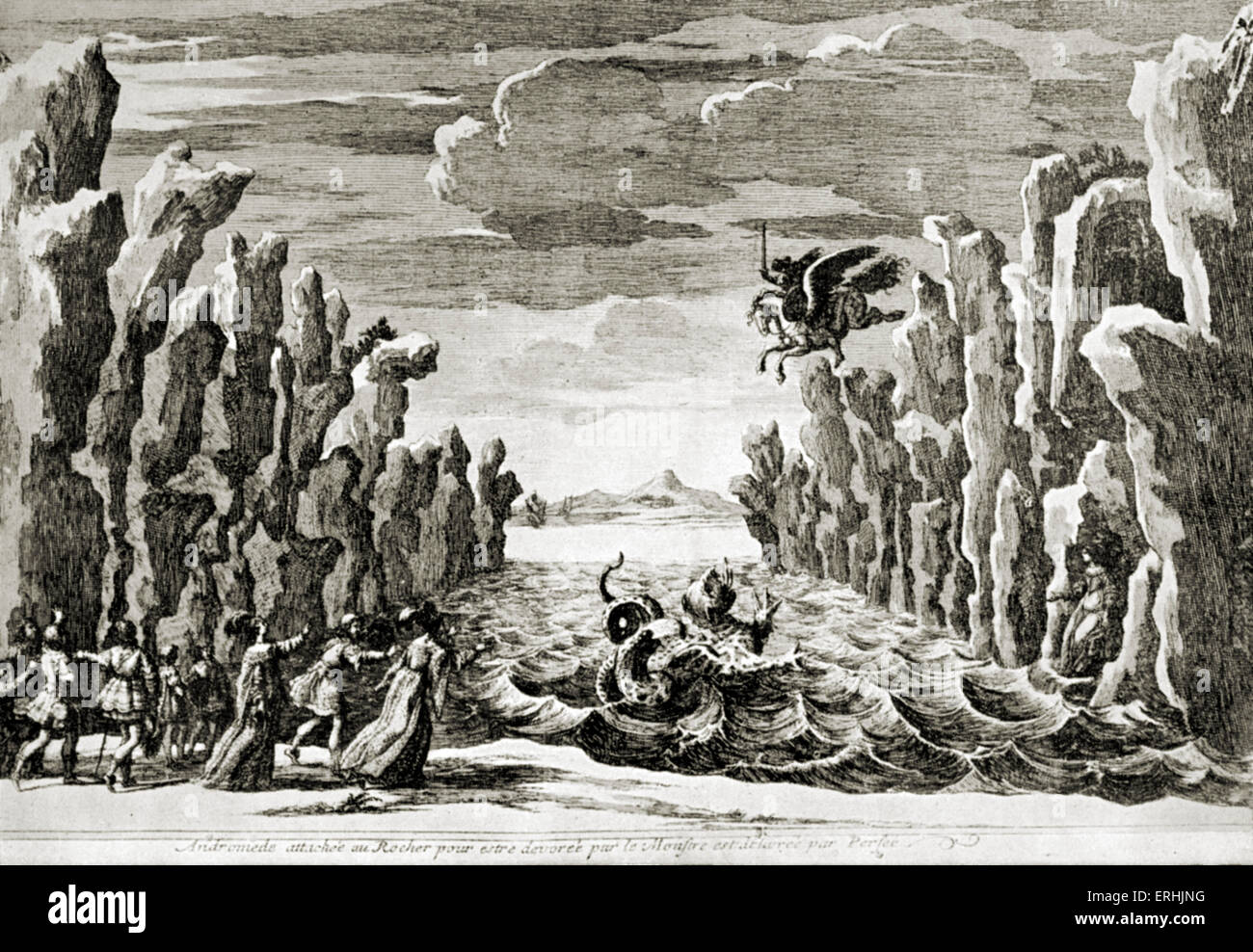 Pierre Corneille di Andromeda. Fase di design.incisione di F. Chaveau dal 1651 edition. Tragedia scritta dal drammaturgo francese Foto Stock