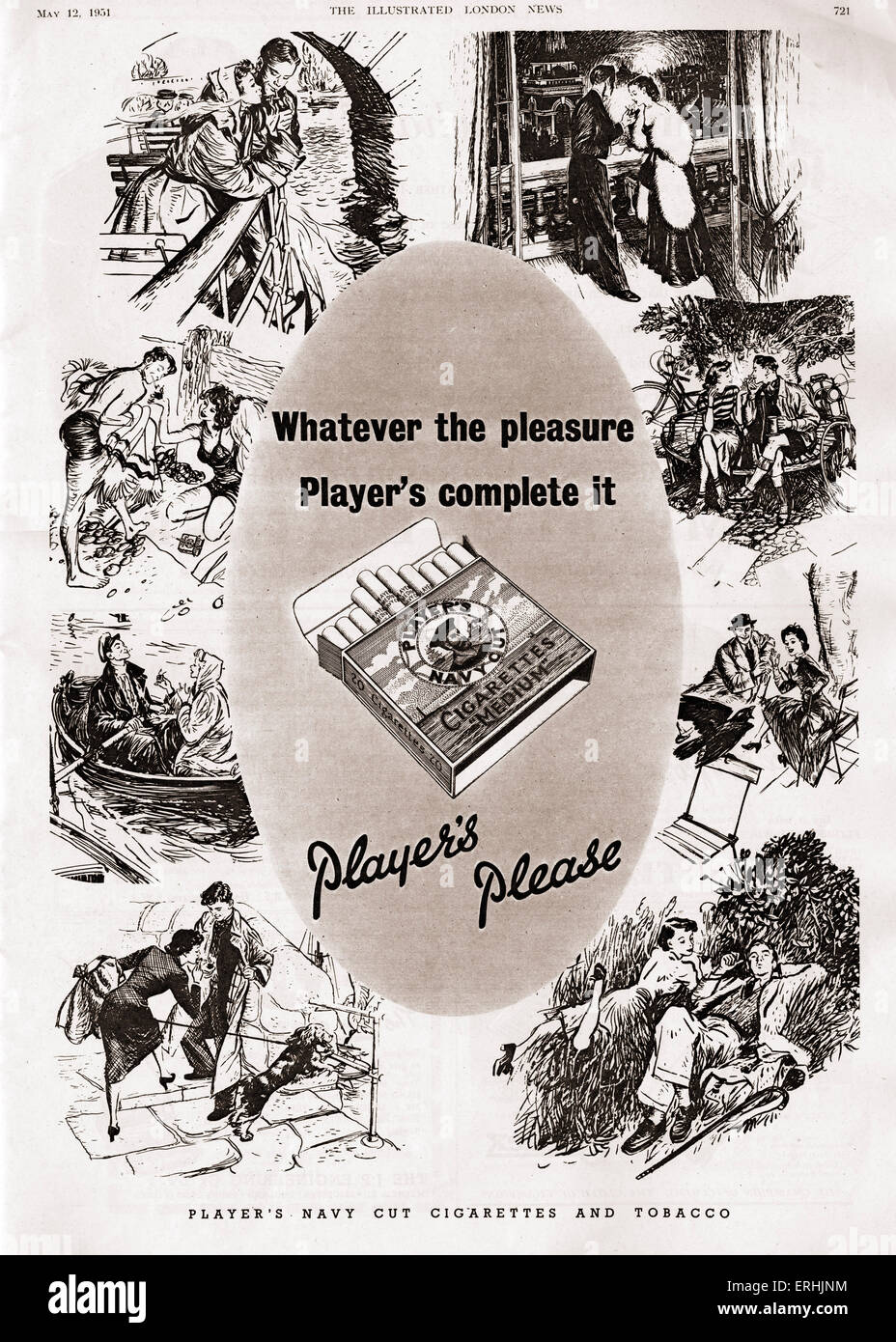 La pubblicità delle sigarette di giocatore Navy sigarette. Numerose piccole illustrazioni delle scene con un uomo e una donna di fumare. Foto Stock