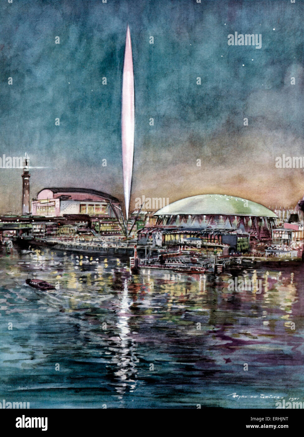 Festival della Gran Bretagna di notte. Il South Bank Exhibition si vede riflessa nell'acqua del Tamigi dal Illustrated London Foto Stock