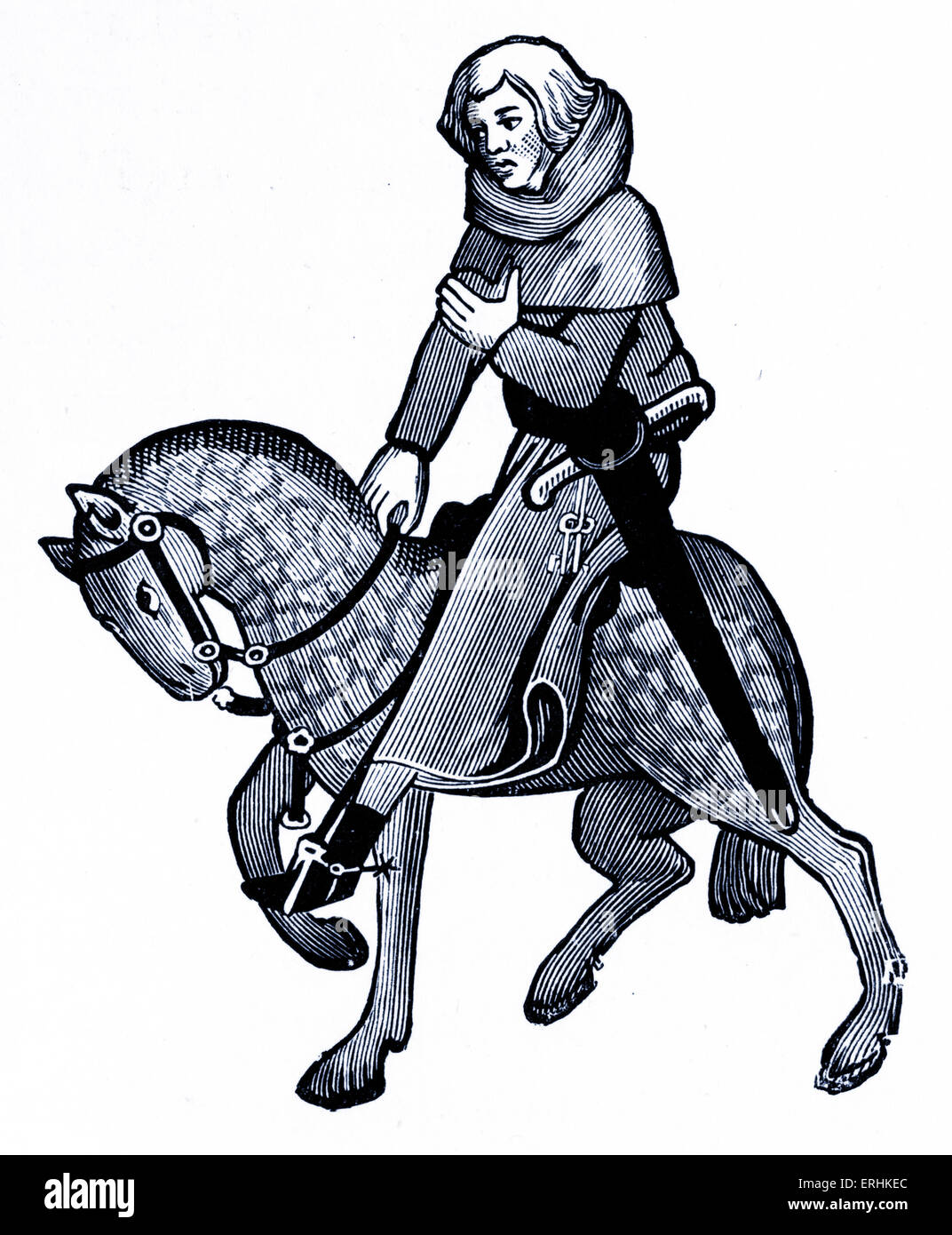 Geoffrey Chaucer ' s Canterbury Tales - La Reeve a cavallo. Poeta inglese, c. 1343-1400. Ellesemere manoscritto di Canterbury Tales. Foto Stock
