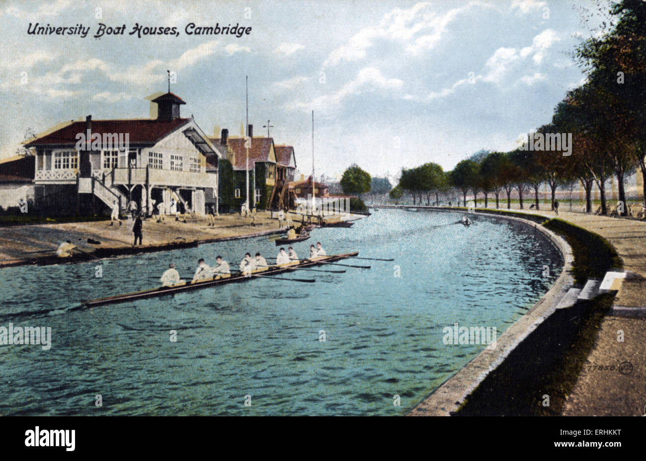 Università di Cambridge case battello nei primi anni del Novecento 's, barca a remi in barca a vela lungo il fiume. Foto Stock