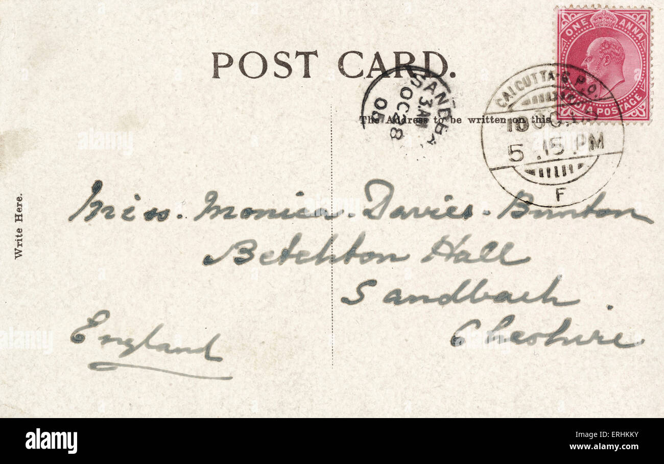 Retro della cartolina stampigliato a Calcutta a 5:15 pm, 1905. Plus timbro indiano che vale la pena una Anna. La parte anteriore della cartolina: Ekka (indiano Foto Stock