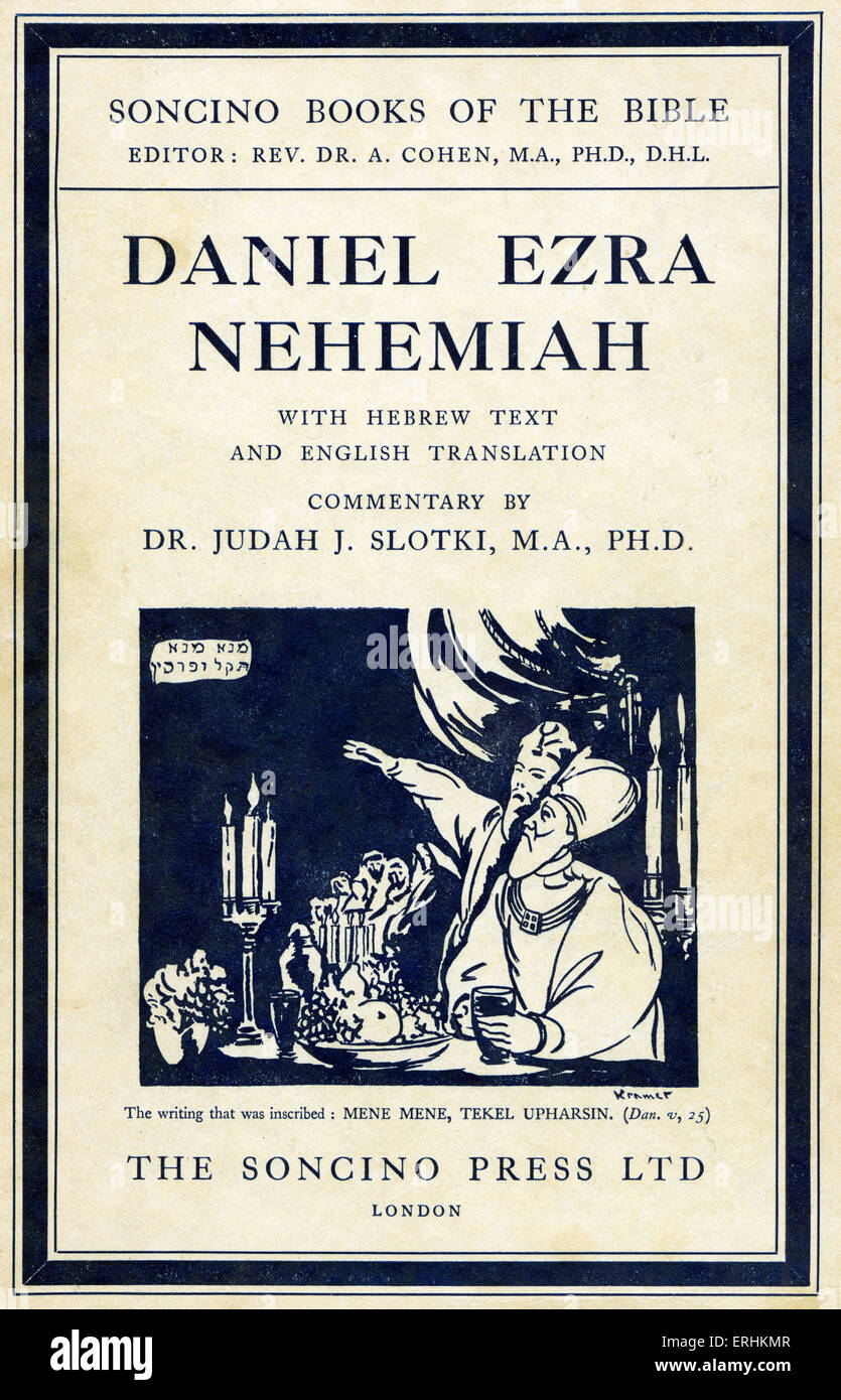 Libro di Daniele, Esdra, Neemia. Illustrazione dalla storia di Daniel con scritte sul muro in Babilonia - Mene Mene Tekel Foto Stock