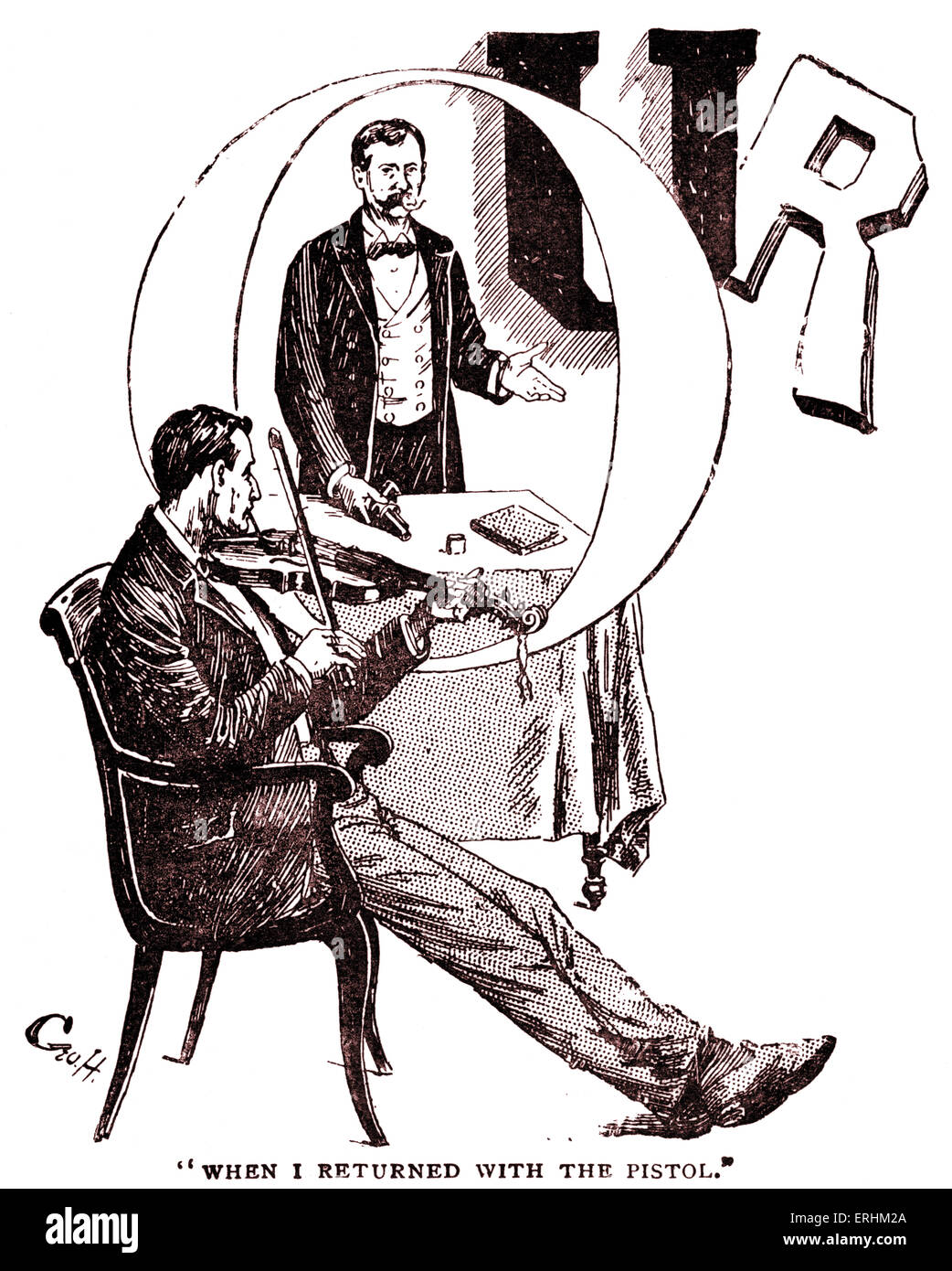 ' Uno studio in Scarlet ' da Sir Arthur Conan Doyle - Sherlock Holmes e il dottor Watson insieme; Holmes suonare il violino. Capitolo Foto Stock