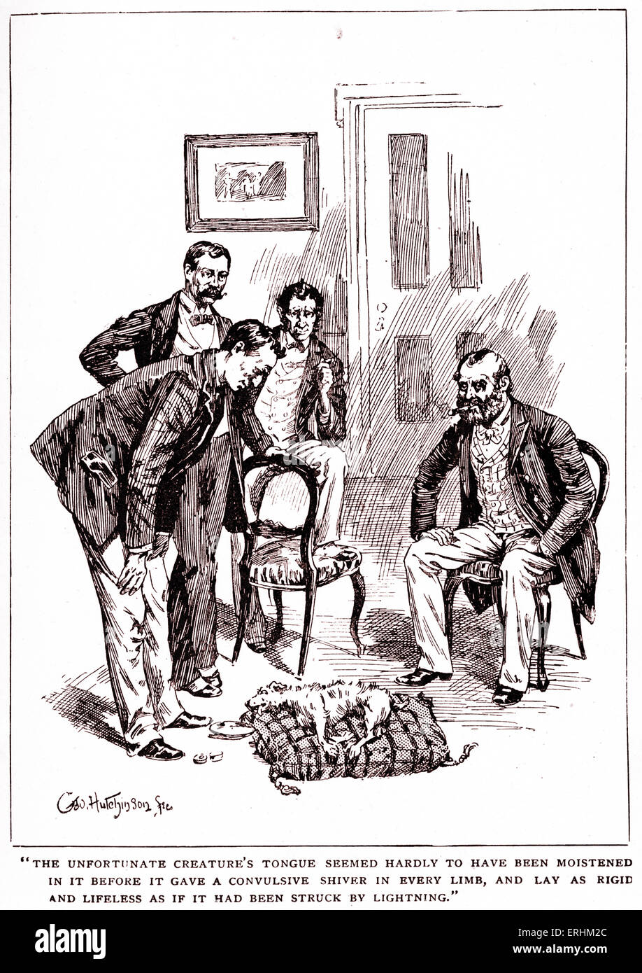 Uno studio in Scarlet ' da Sir Arthur Conan Doyle - Sherlock Holmes testing le pillole per la sua padrona di casa 's cane per vedere il loro effetto. Capitolo VII La didascalia recita: 'La sfortunata creatura del linguettone sembrava quasi di essere stato inumidito in essa prima ha dato una convulsa brivido in ogni arto, e laici come rigida e priva di vita come se fosse stato colpito da un fulmine'. In primo luogo pubblicato in 1887. Illustrazione di Geo Hutchinson. 1893. C.a. Doyle, Scottish autore: 22 Maggio 1859 - 7 luglio 1930. Foto Stock
