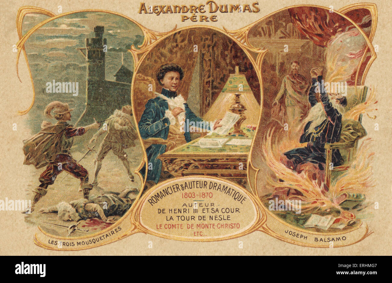 Alexandre Dumas père - scrittore francese, iscritto alla sua scrivania con i tre moschettieri / Les Trois Mousquetaires, Giuseppe Foto Stock