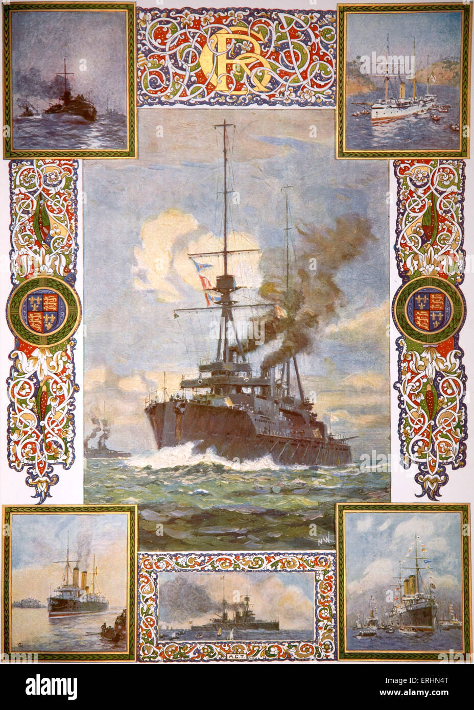 Corazzate britanniche e le barche nel 1910 che era stata sotto il comando del re George V. dipinti da Norman Wilkinson e Cecil Foto Stock