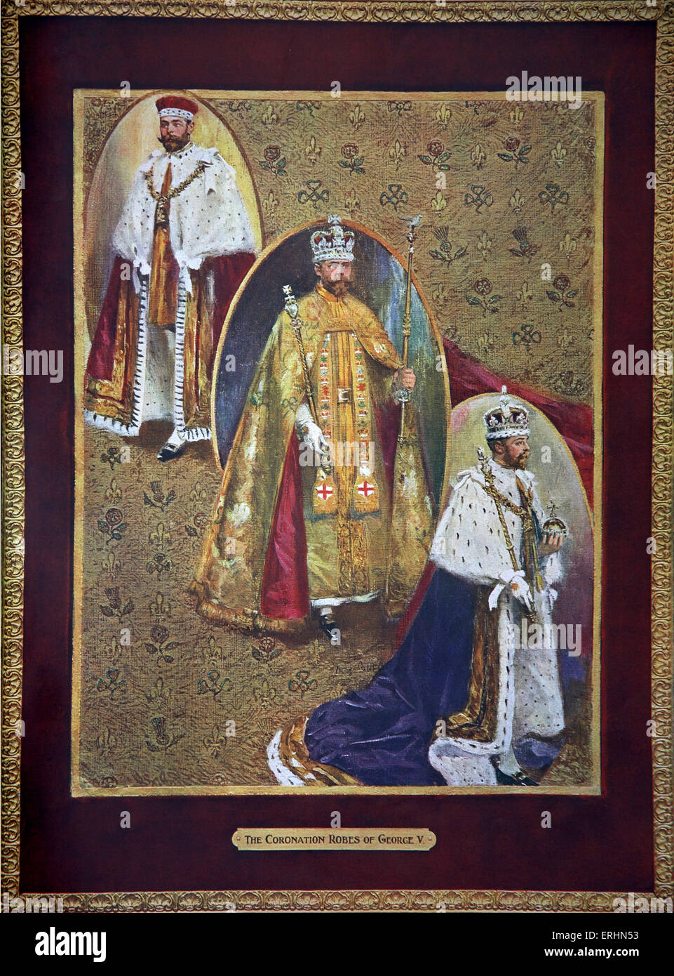 Re Giorgio V nel suo Coronation robes 1910. Royal Crimson robe di stato, Golden manto imperiale e regio manto di porpora Foto Stock