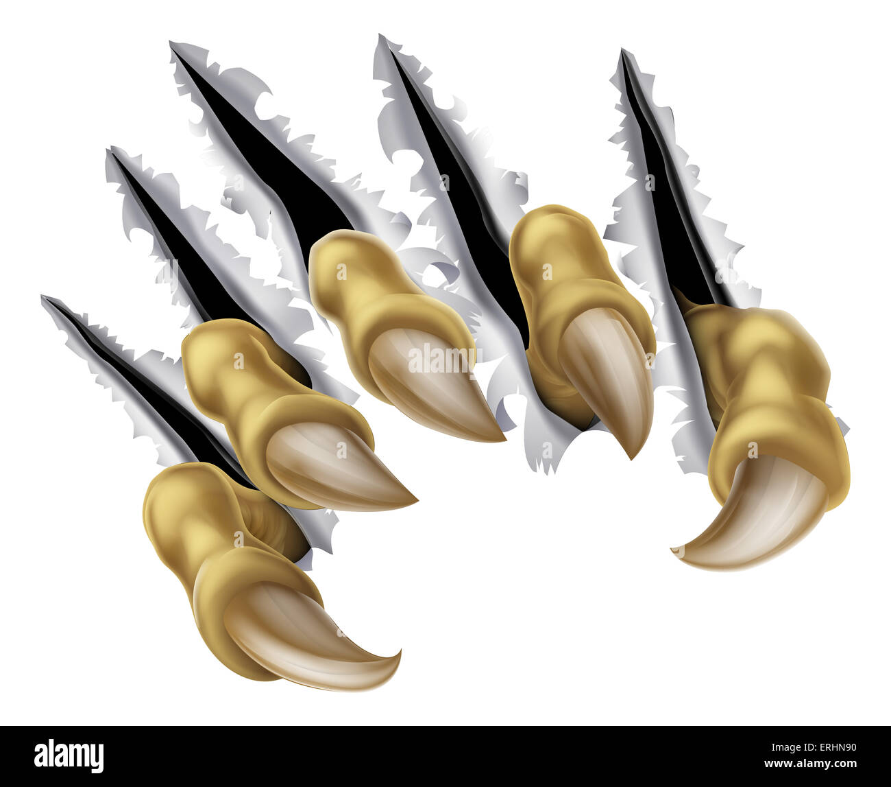 Una illustrazione di un pauroso mostro verde mano ad artiglio di strappo o di ripping o fori di rottura attraverso una parete Foto Stock