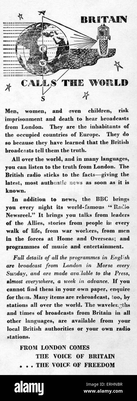 La Gran Bretagna chiama il mondo - Annuncio di guerra per la BBC radio - pubblicato all'interno patta 1943 da Alden Press. 'Men, donne e persino Foto Stock