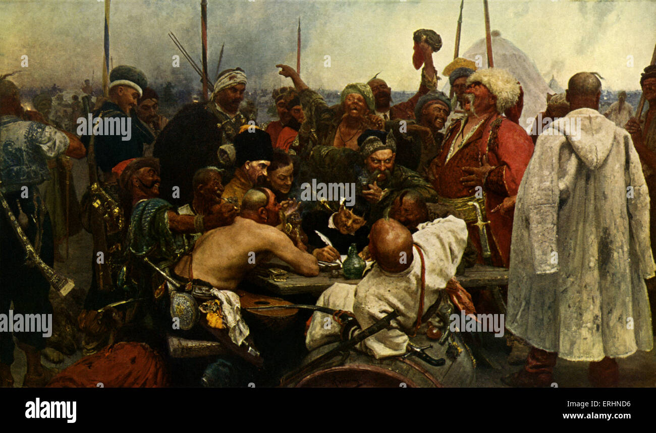 La risposta dei Cosacchi Zaporozhian' - dopo la verniciatura di Ilya Repin, 1880 - 1891. Cosacchi scrivere irridente lettera al sultano Mehmed IV dell'Impero Ottomano. Originale detenuto presso lo State Russian Museum di San Pietroburgo, Russia. Foto Stock