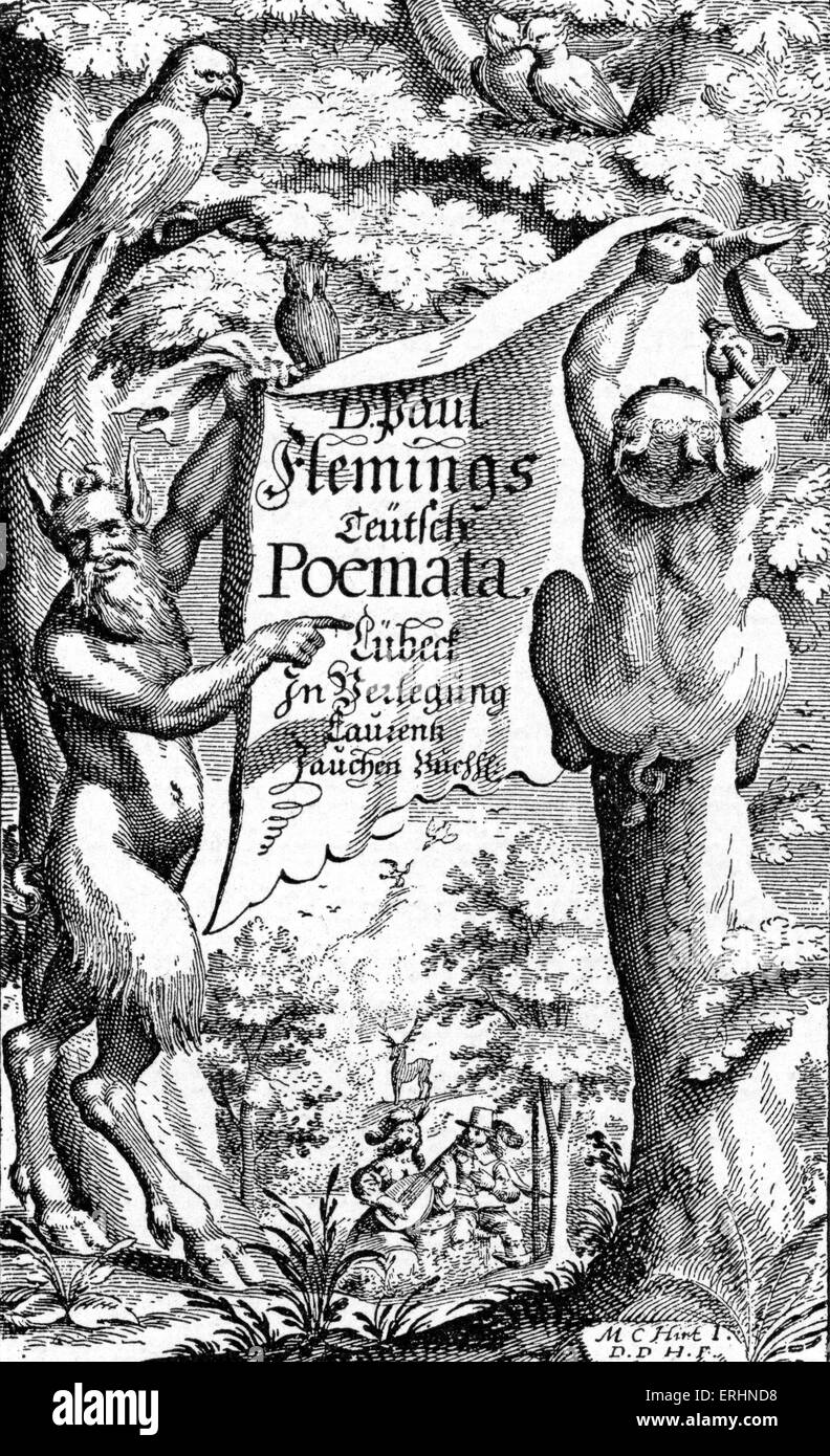 Paul Fleming 's poesia collection - Pagina del titolo della prima edizione, Lubecca, 1642. PF: 5 Ottobre 1609 - 2 aprile 1640. Foto Stock