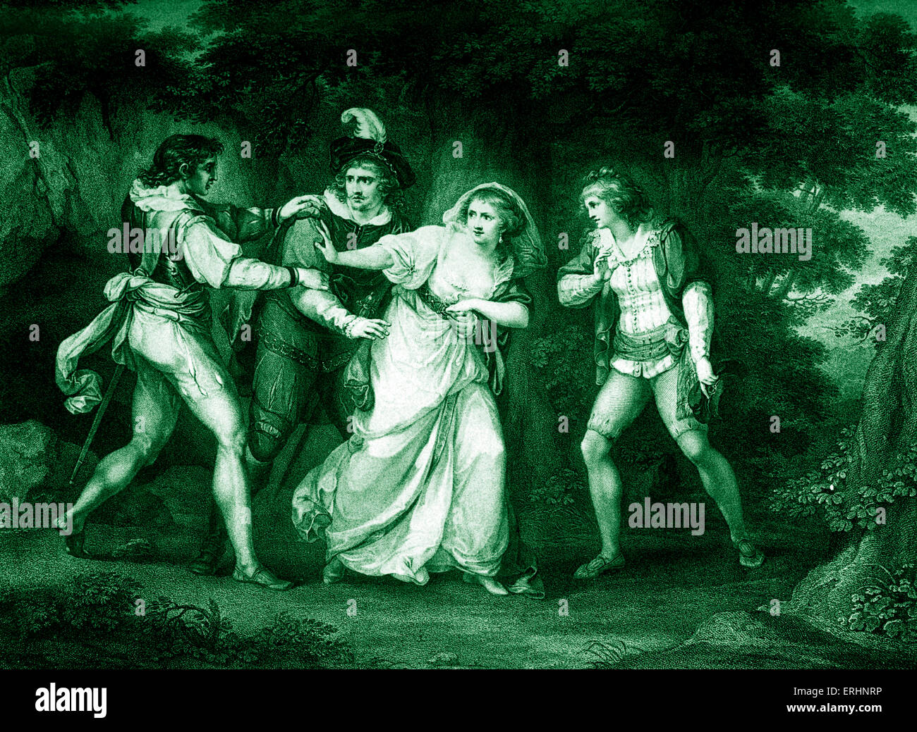 William Shakespeare 's riprodurre i due gentiluomini di Verona - Atto V scena IV. Valentino , Proteus , Silvia e Julia. Valentino: Foto Stock
