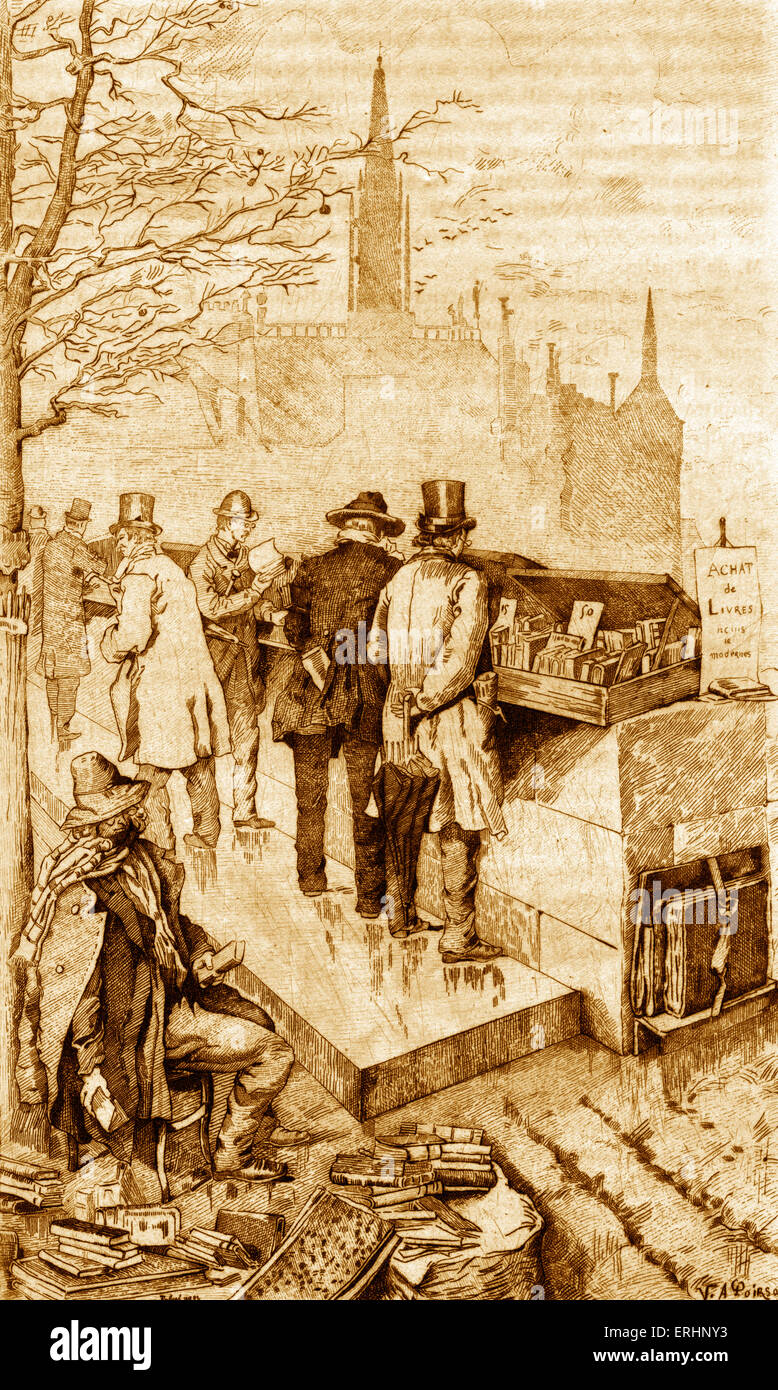 Prenota stallo in Parigi, sulla banca del 'Seine' - da VA Poirson, artista francese. C.1880. Foto Stock