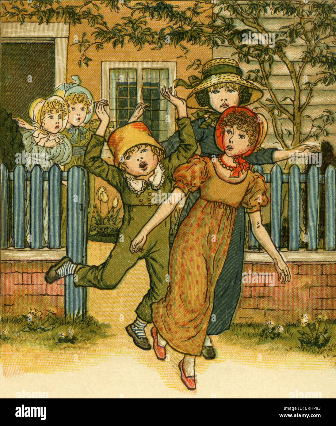 I ragazzi e le ragazze escono per giocare illustrato da Kate Greenaway. Inglese bambini 's illustratore di libri e scrittrice 17 Marzo 1846 Foto Stock