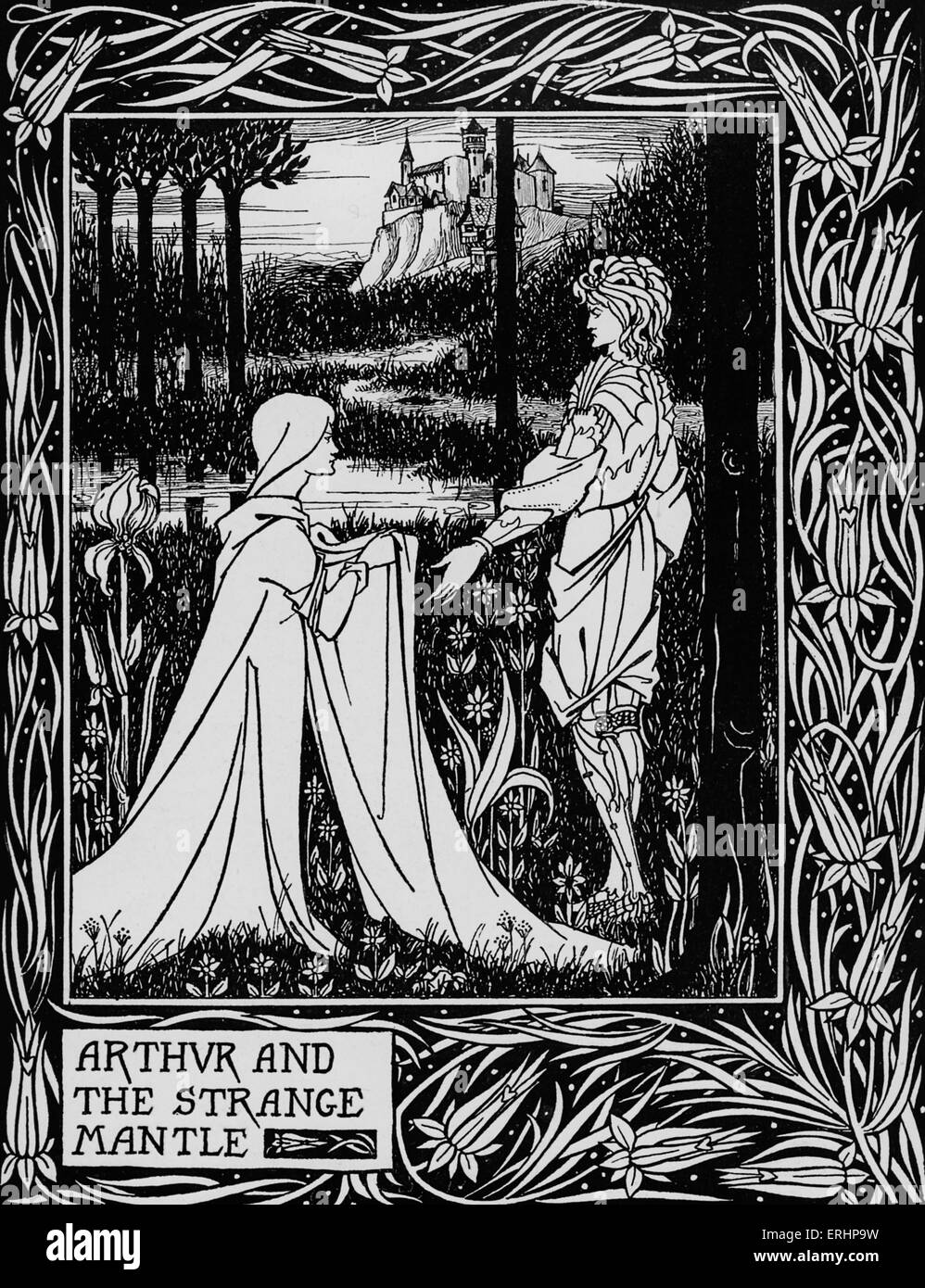 Le morte d'Arthur - romanzo di Thomas Malory: c. 1405 - 14 Marzo 1471. La didascalia recita: "Arthur e lo strano mantello". Foto Stock