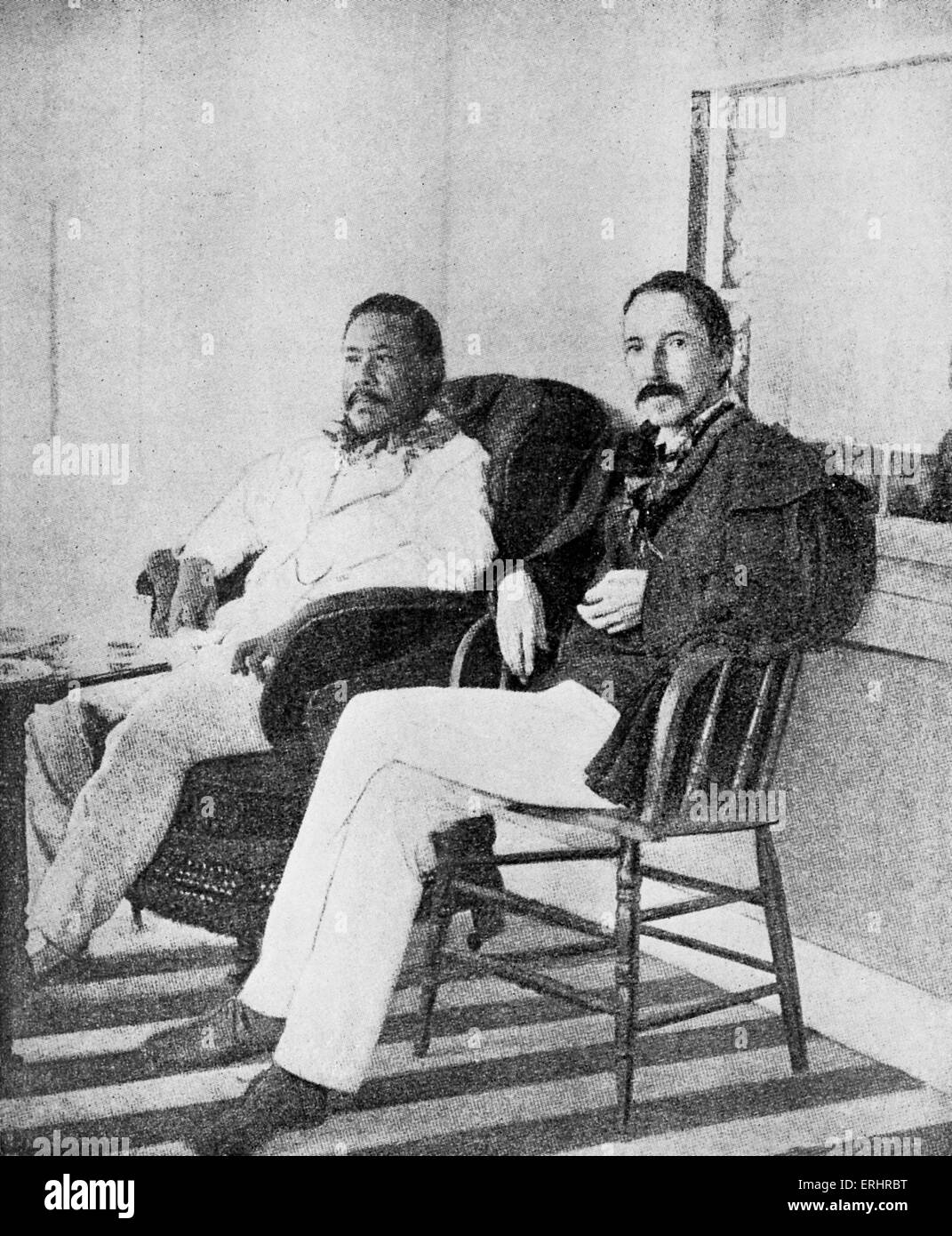 Re Kalākaua I con Robert Louis Stevenson - sulla veranda del Royal boat house a Honolulu. Re Kalākaua I: re della Foto Stock