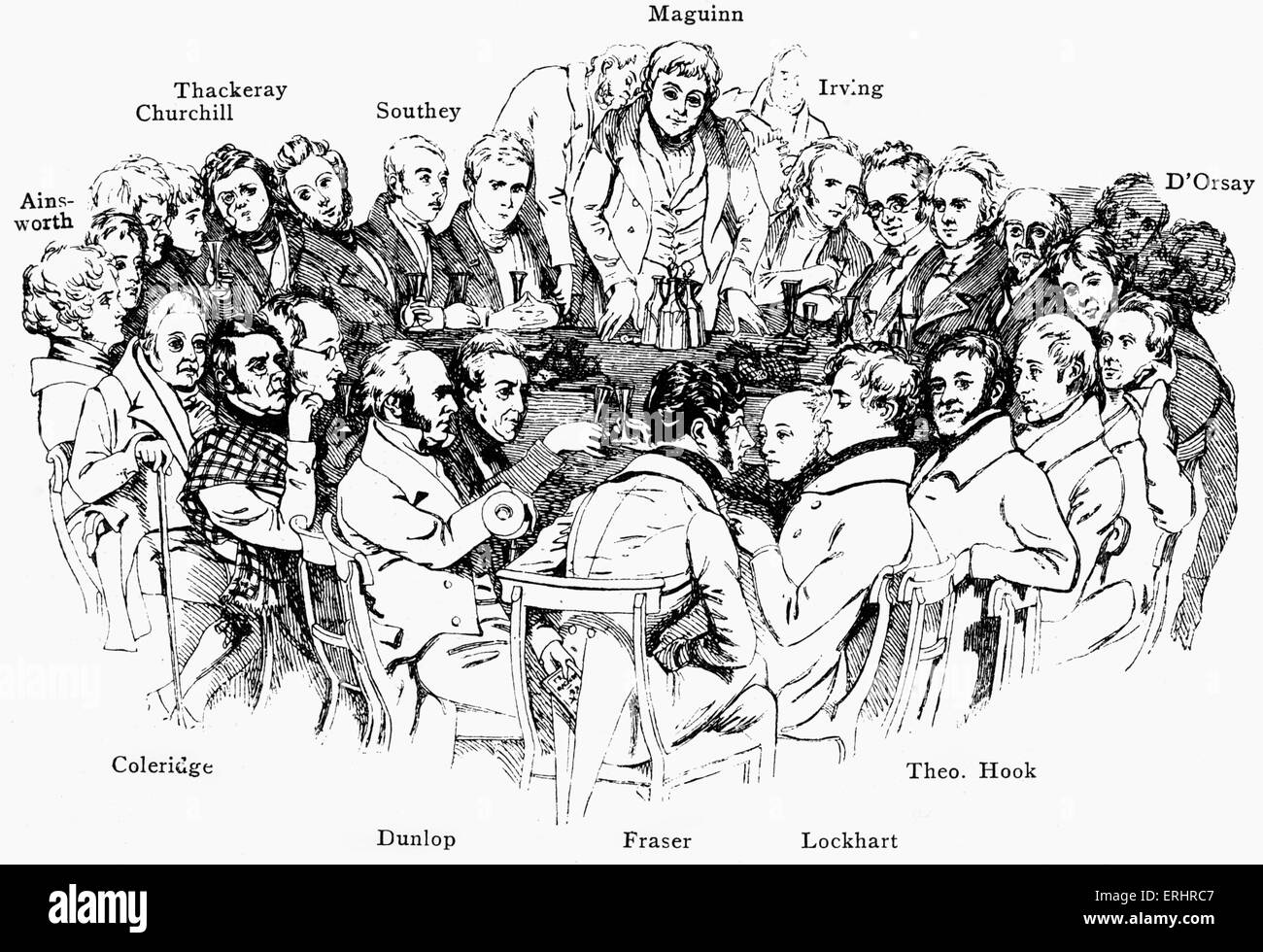 Thackeray tra i 'fraserians' - disegno in 1835 da Daniel Maclise (1806 - 1870). W M Thackeray, romanziere inglese, 18 Luglio Foto Stock