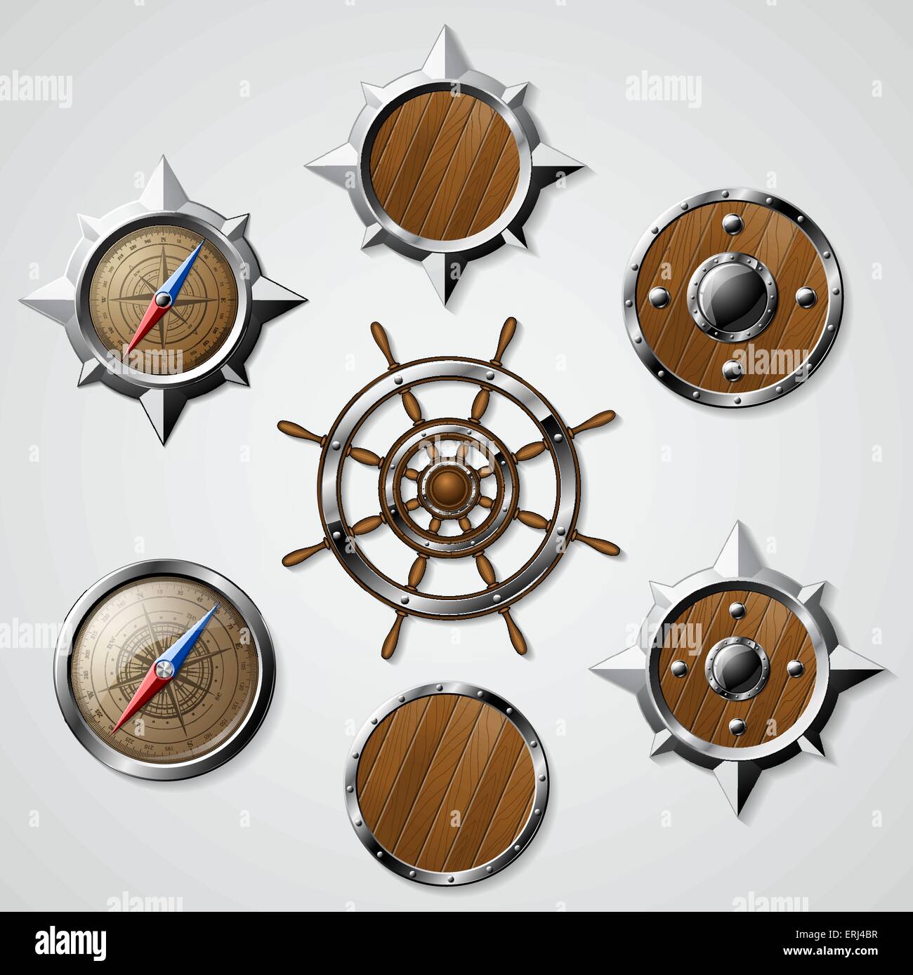 Insieme di acciaio e legno design nautico elementi. Dettagliata illustrazione vettoriale. Illustrazione Vettoriale