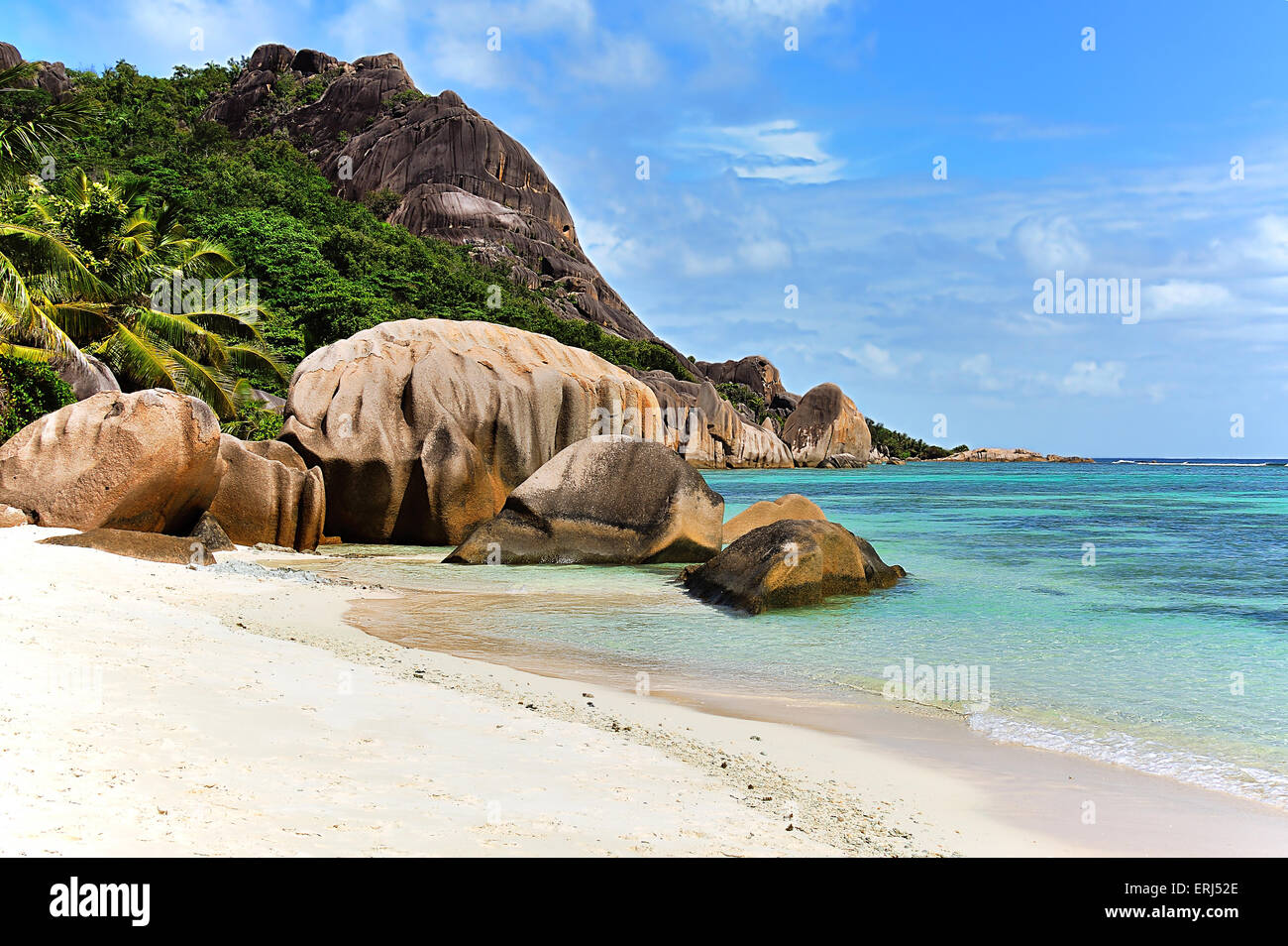 Source d' Argent, Beach sull'isola di La Digue, Seicelle Foto Stock