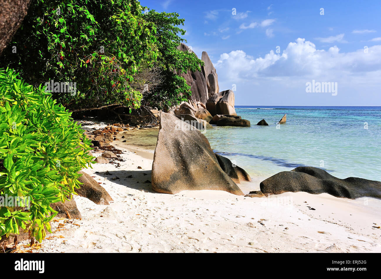 Source d' Argent, Beach sull'isola di La Digue, natura delle Seychelles Foto Stock