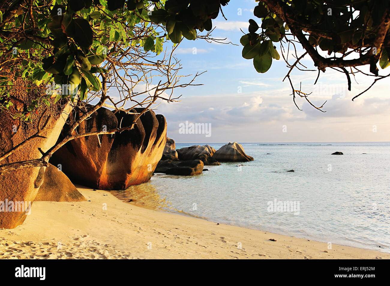 Source d' Argent, Beach sull'isola di La Digue, Seicelle Foto Stock