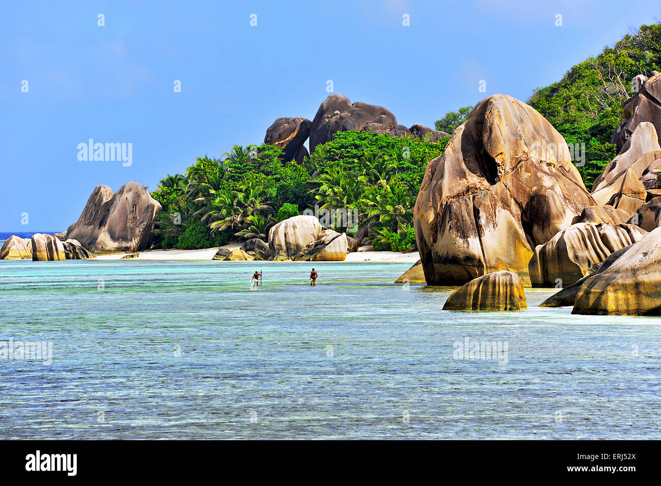 Source d' Argent, Beach sull'isola di La Digue, Seicelle Foto Stock