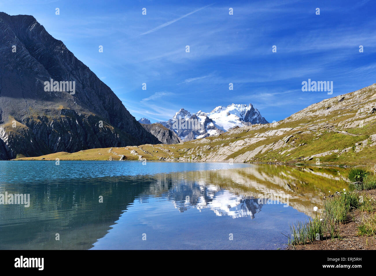 Lac du Goléon con la riflessione di montagna la Meije e i suoi ghiacciai, sulle Alpi francesi, Francia Foto Stock