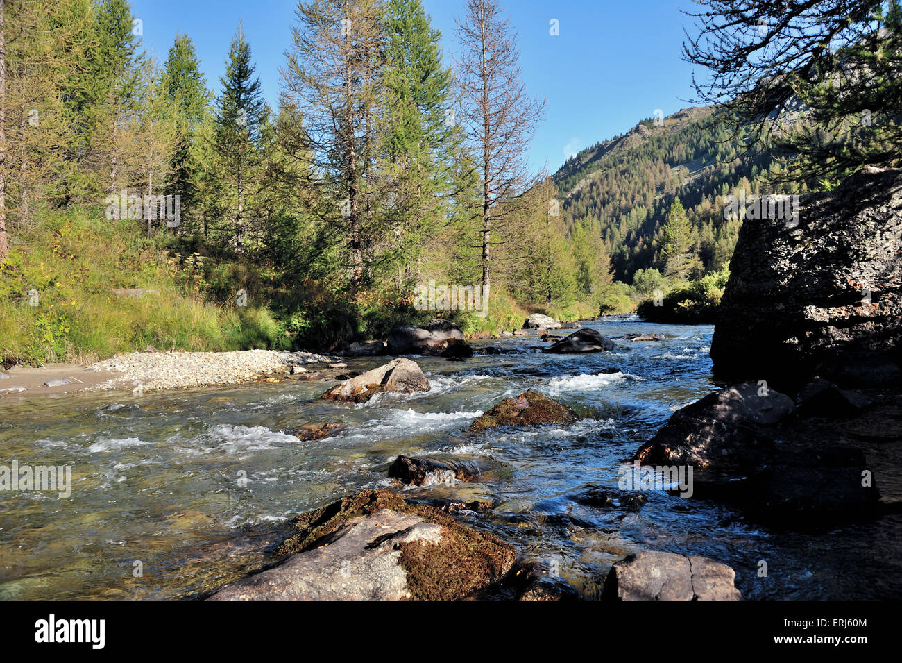 Paesaggio fluviale nella valle della Clarée, Brianconnais, Francia, sulle Alpi francesi Foto Stock