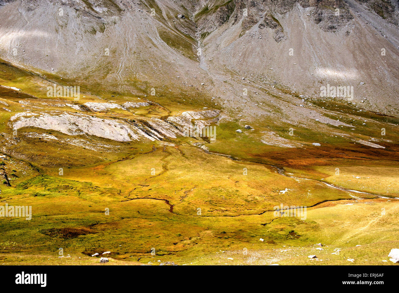 Tipico paesaggio di montagna a luce diffusa, il paesaggio di piccole runnells, sulle Alpi francesi, Francia Foto Stock