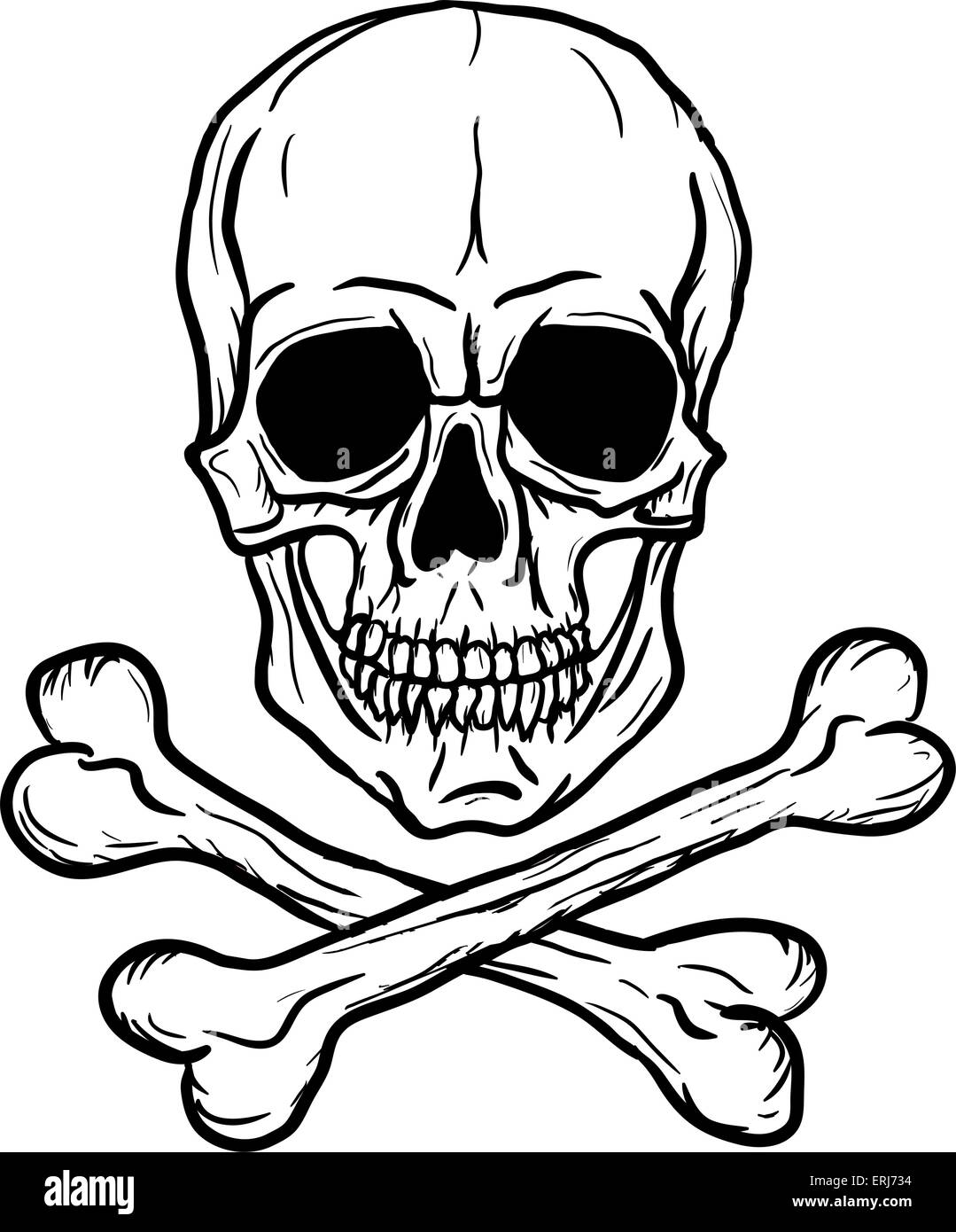 Cranio e Crossbones isolate su sfondo bianco. Disegno a mano libera. Illustrazione Vettoriale