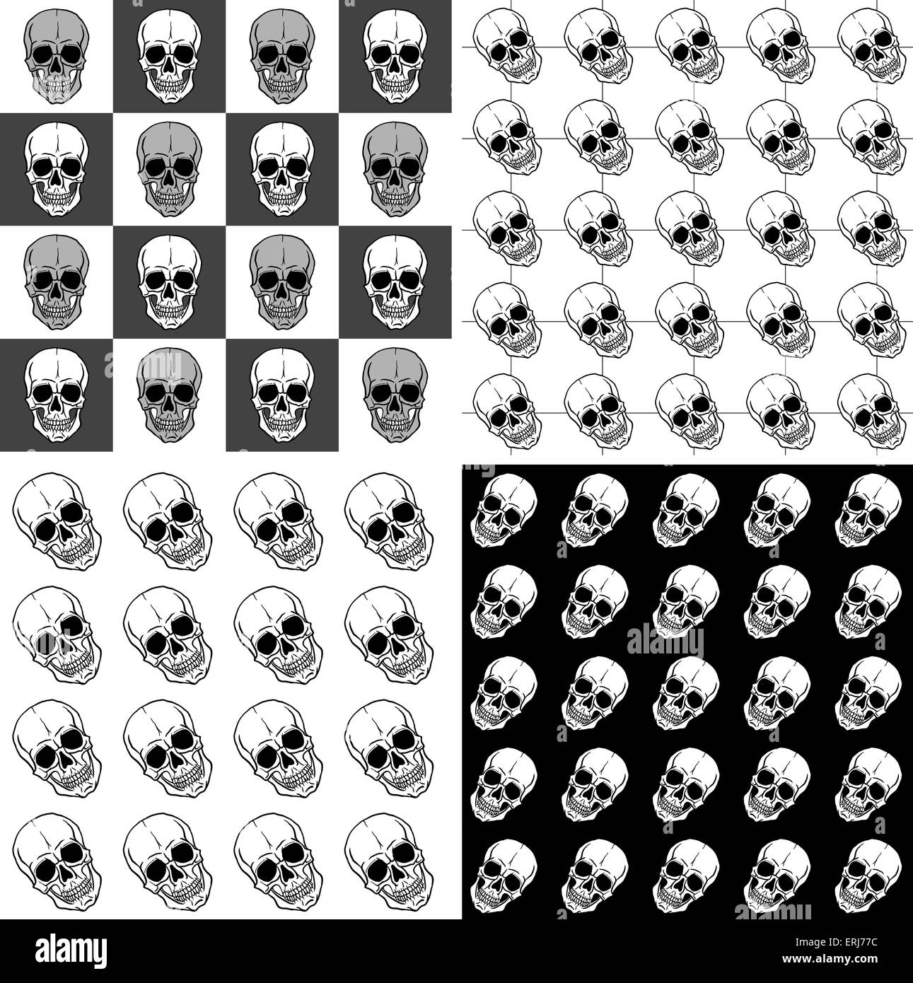Serie di modelli senza giunture con teschi su bianco e nero gli sfondi. Disegno a mano libera. Illustrazione Vettoriale. Illustrazione Vettoriale