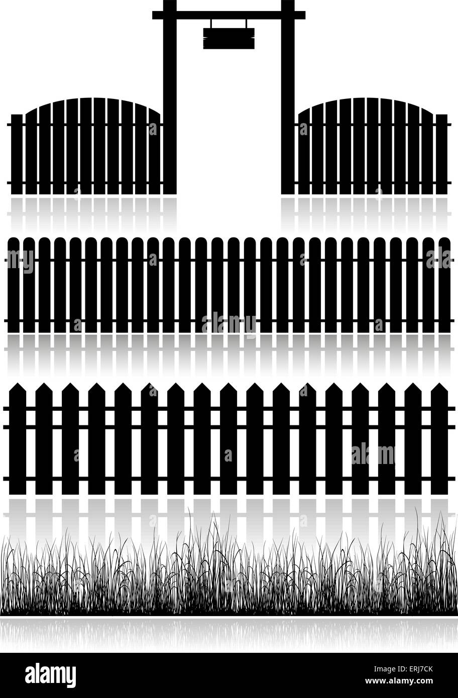 Set di recinzioni, Gate e di erba - isolato nero su bianco. Illustrazione Vettoriale. Illustrazione Vettoriale