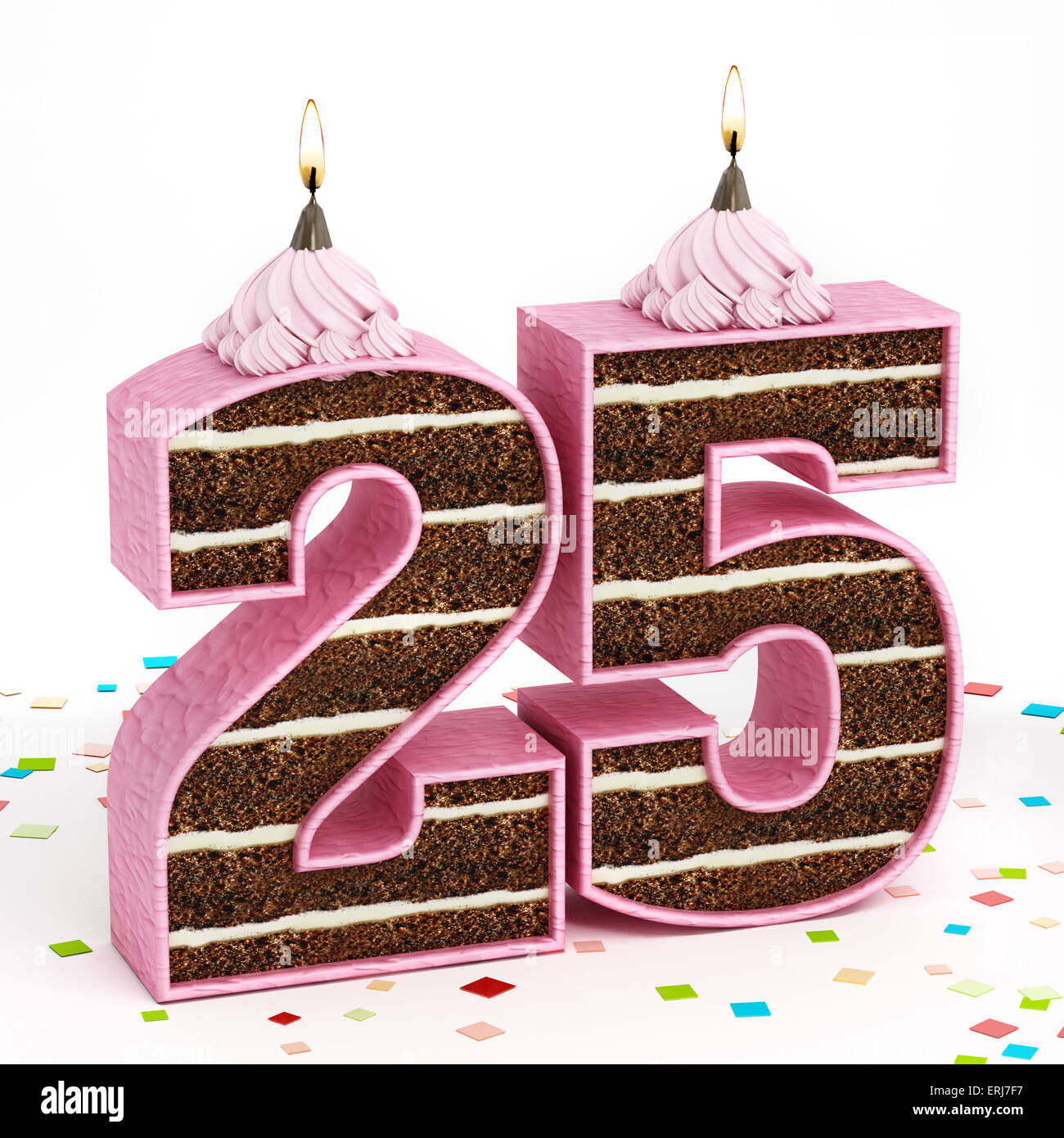 Numero 25 al cioccolato a forma di torta di compleanno con candela accesa. Foto Stock