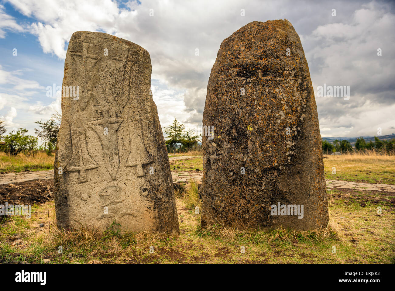Tiya megalitico di colonne in pietra, un sito Patrimonio Mondiale dell'UNESCO vicino ad Addis Abeba, Etiopia. Foto Stock