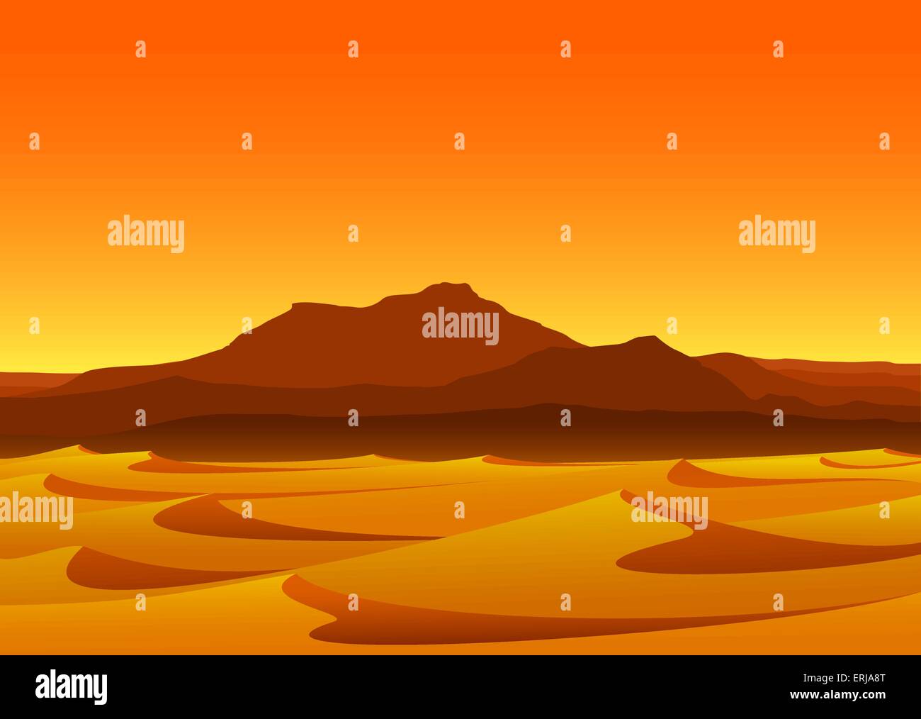 Deserto con le dune e le montagne di sera Illustrazione Vettoriale