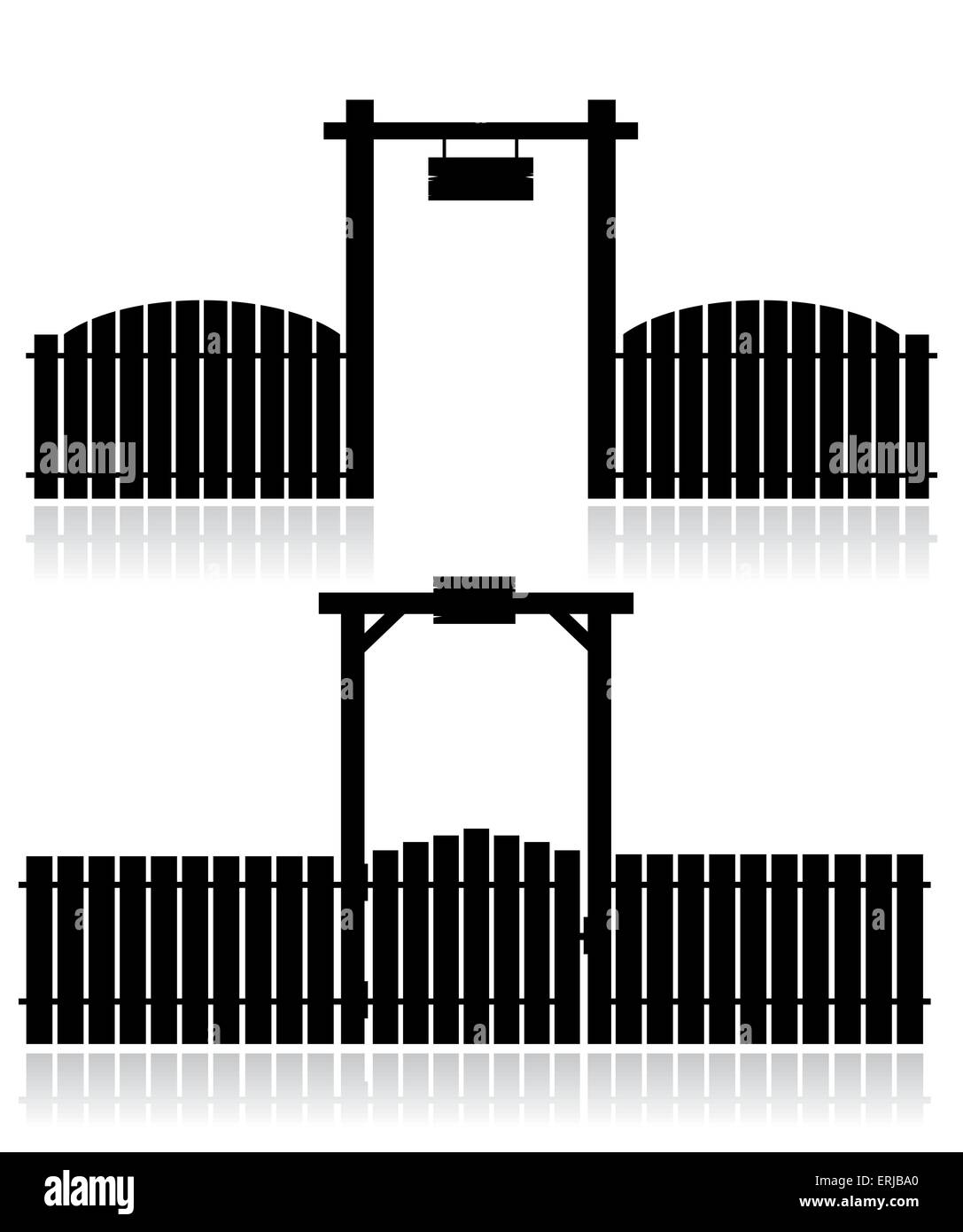 Set di recinzioni di nero con gate isolato su sfondo bianco. Illustrazione Vettoriale. Illustrazione Vettoriale